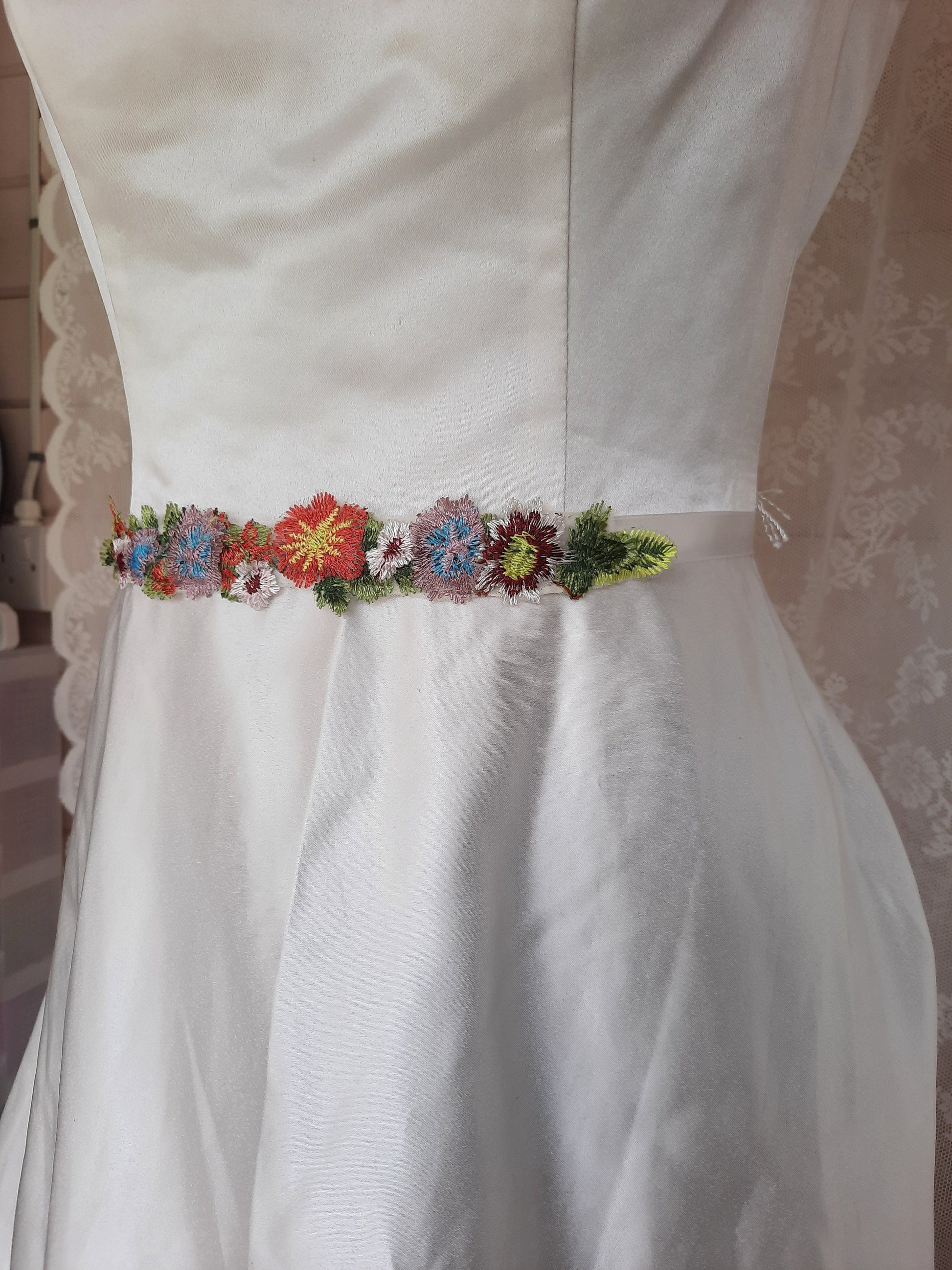 Mini Floral Embroidered Bridal Belt Sash with Ivory Ribbon