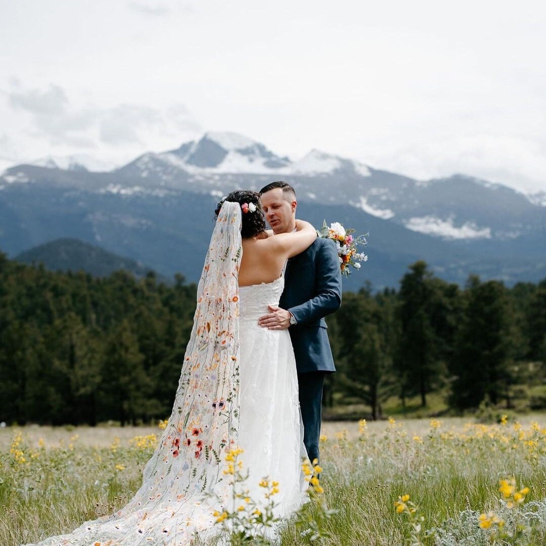Orange Wildflower Embroidered Wedding Veil, Floral Bridal Veil