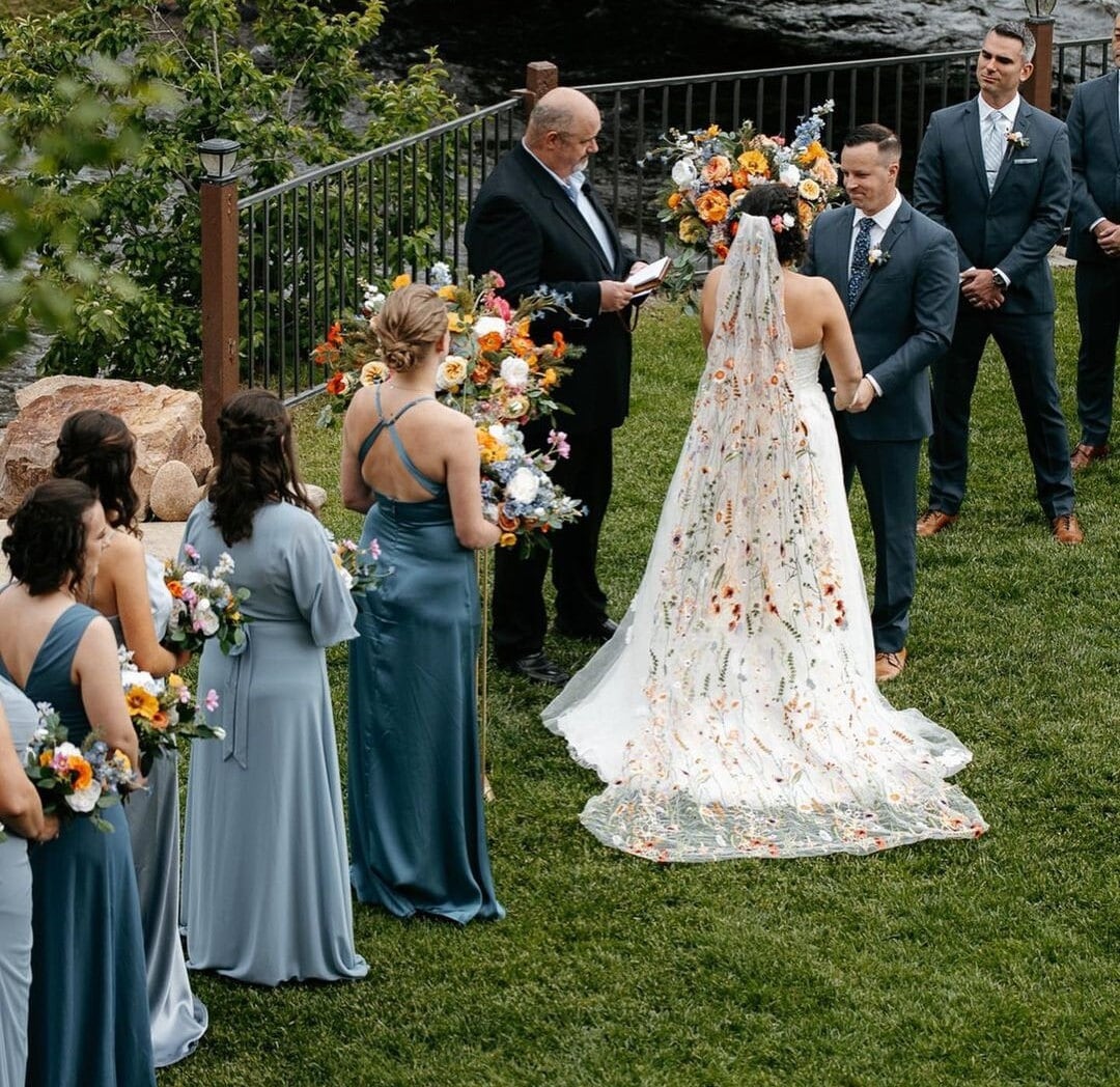 Orange Wildflower Embroidered Wedding Veil, Floral Bridal Veil