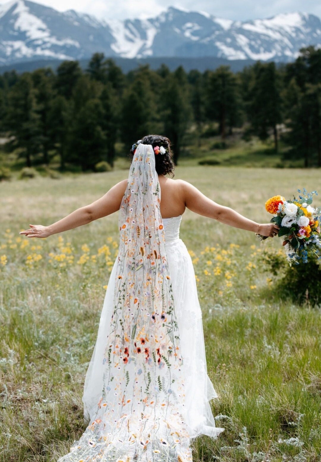 Orange Wildflower Embroidered Wedding Veil, Floral Bridal Veil