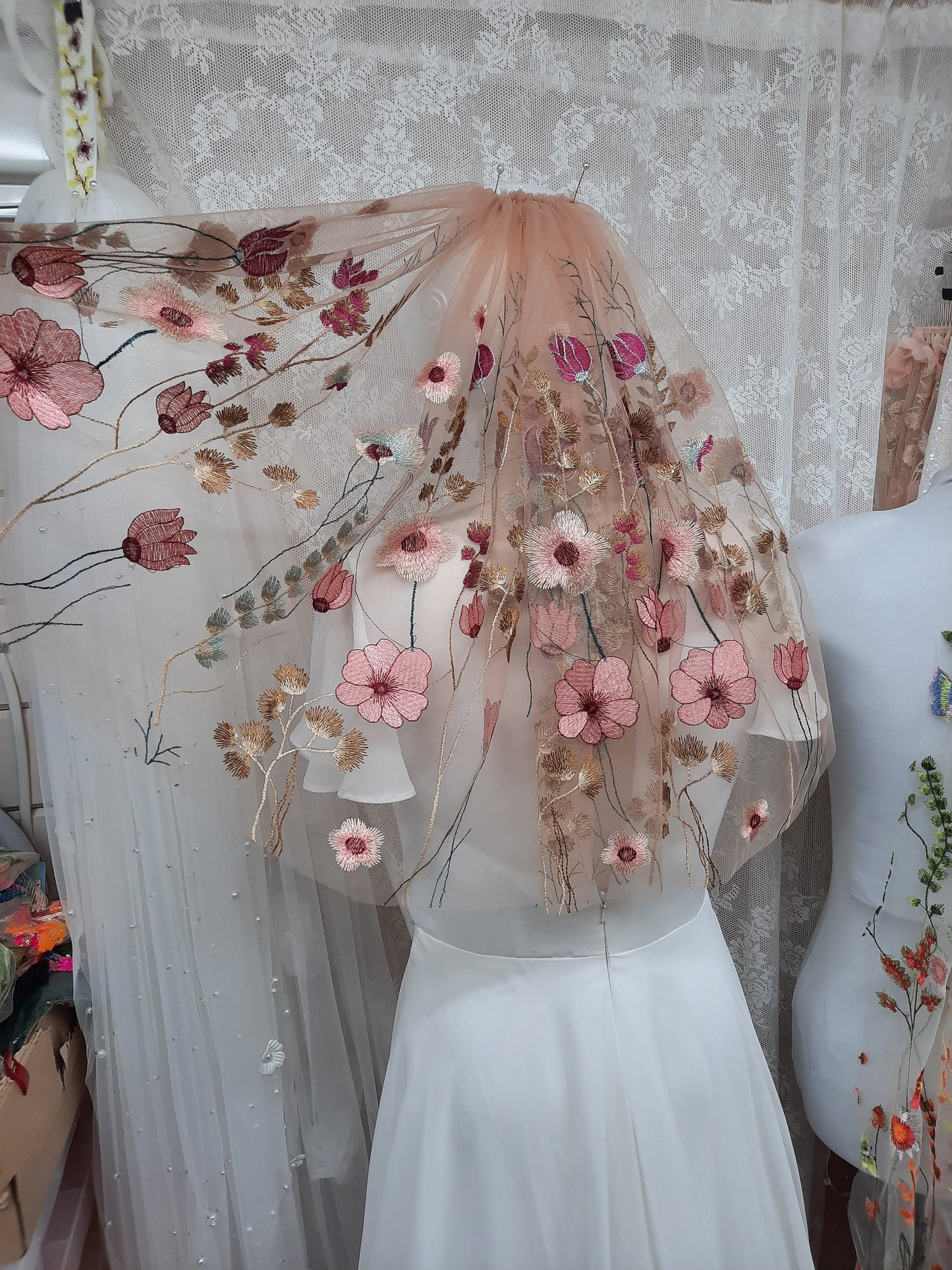 Golden Rose Embroidered Wildflower Wedding Veil – Alternative Bridal. Pink sequin floral veil.