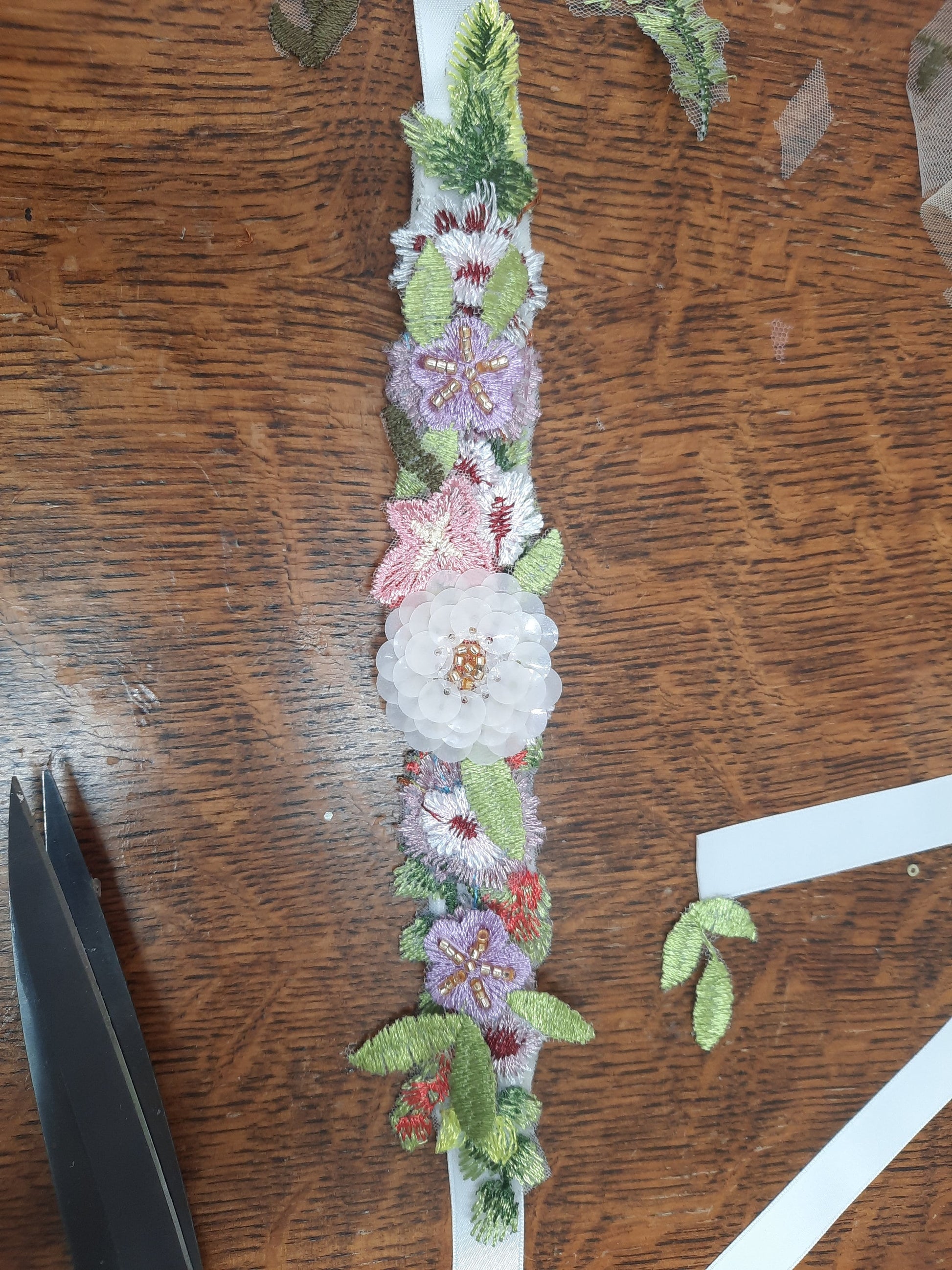 Mini Floral Embroidered Bridal Belt Sash with Ivory Ribbon