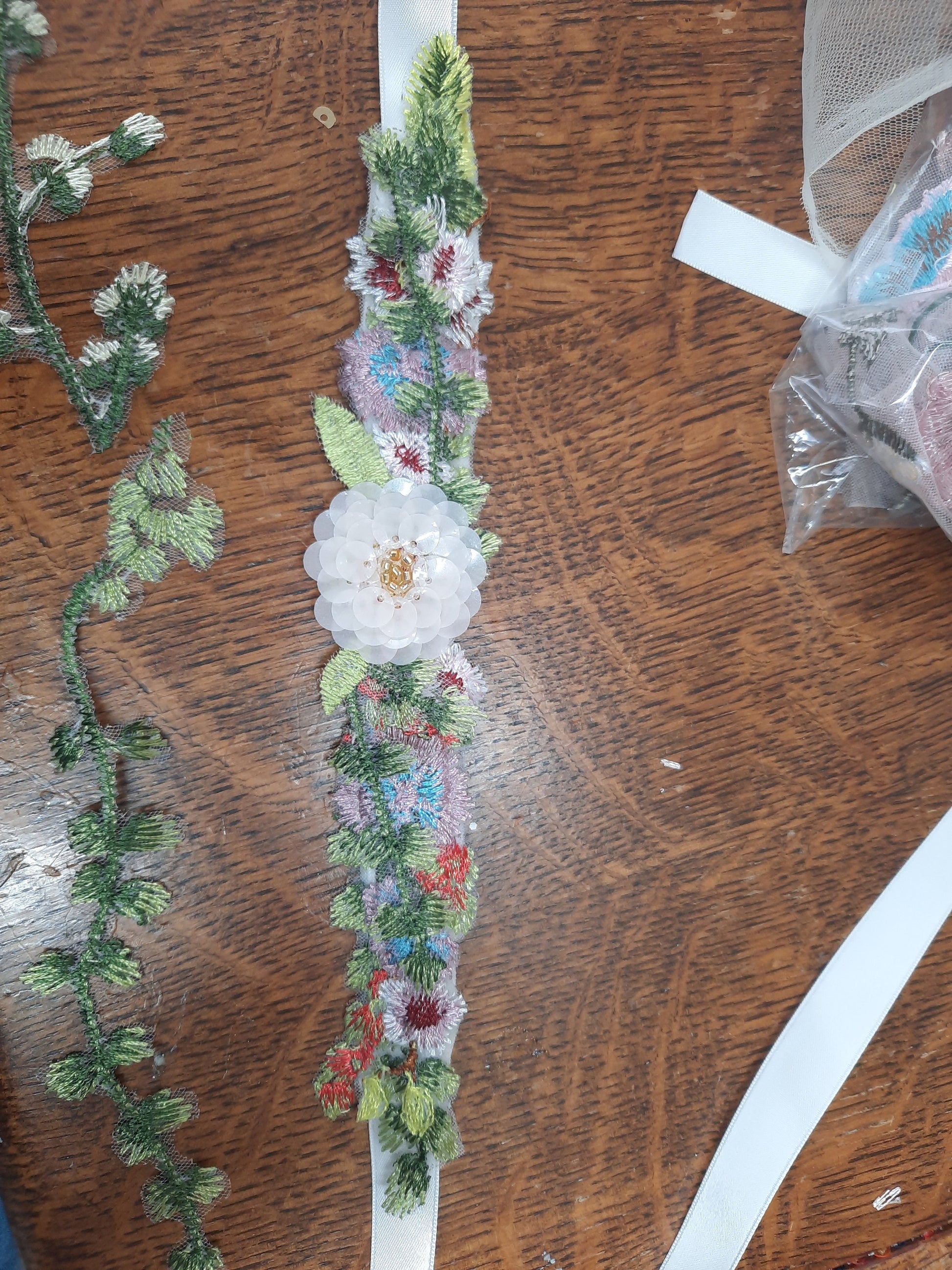 Mini Floral Embroidered Bridal Belt Sash with Ivory Ribbon