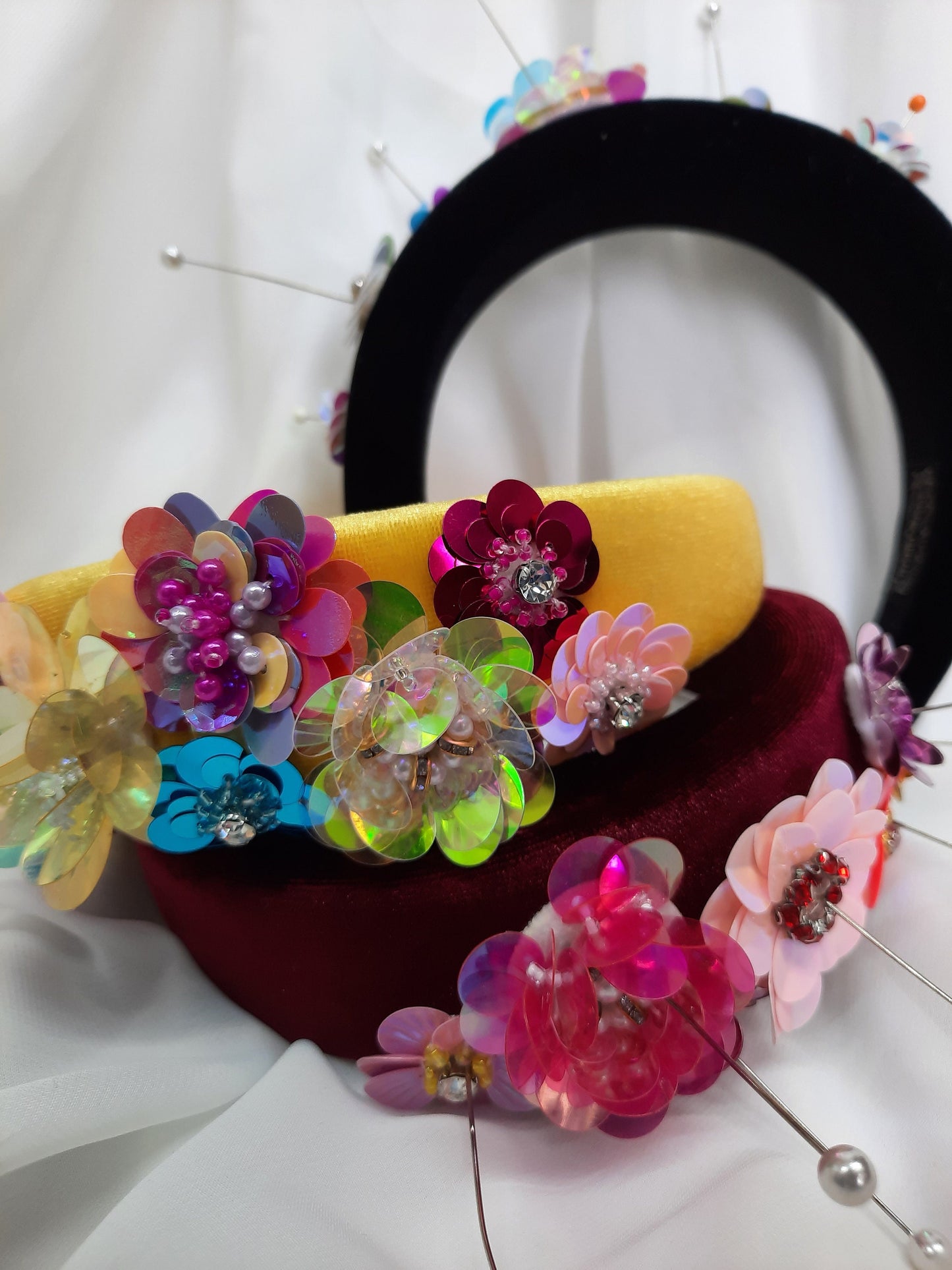 Floral Sequin Velvet Headband, Colourful Alice Band