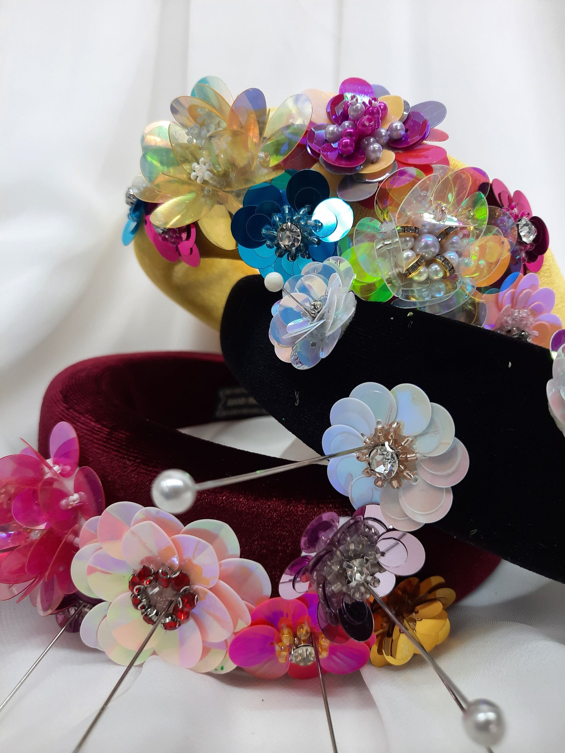 Floral Sequin Velvet Headband, Colourful Alice Band