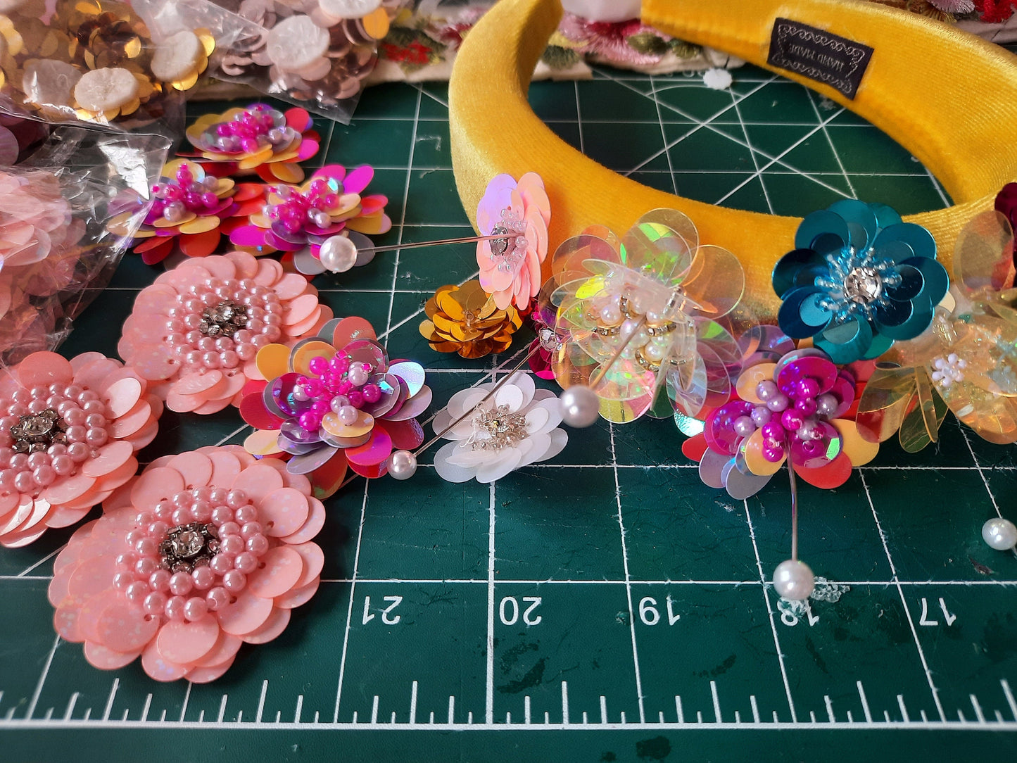 Floral Sequin Velvet Headband, Colourful Alice Band