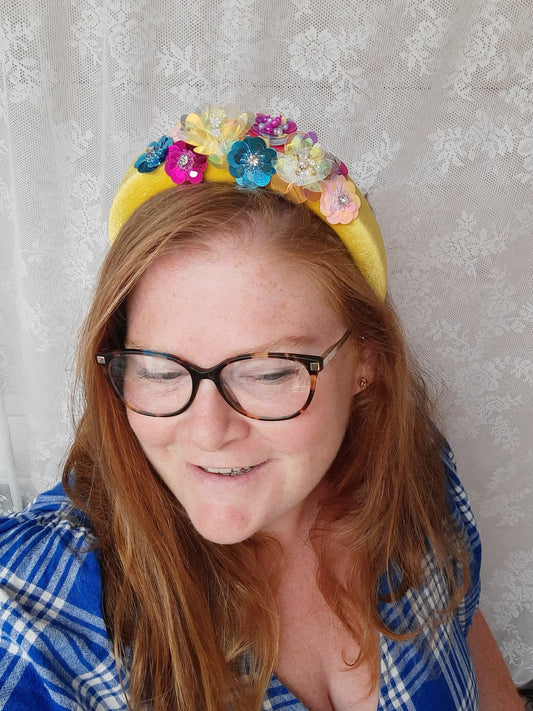 Floral Sequin Velvet Headband, Colourful Alice Band