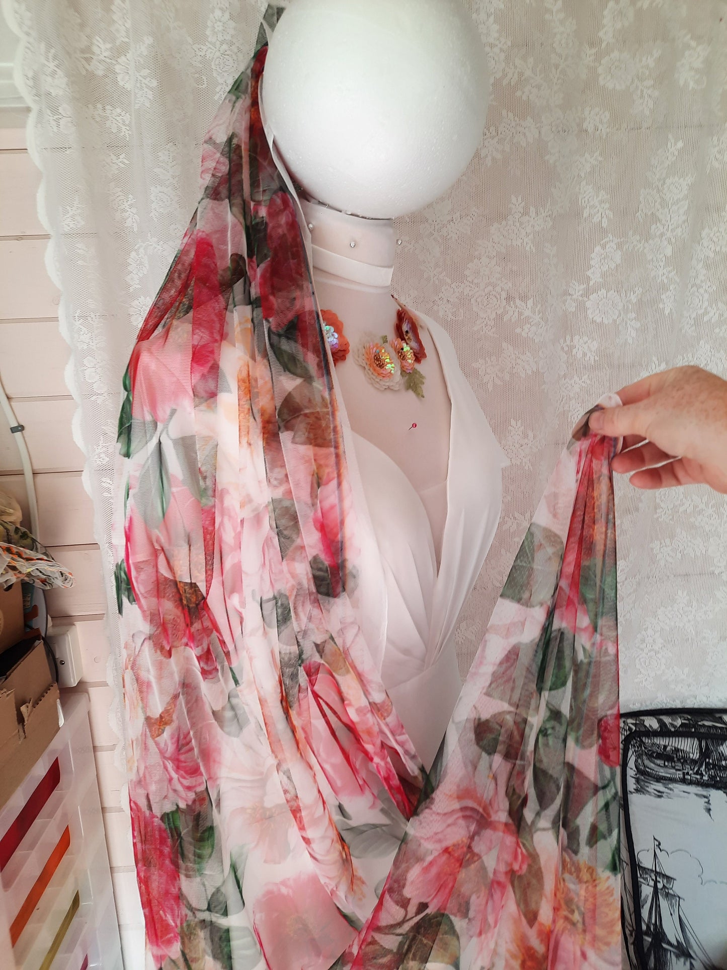 Red Rose Wedding Cape, Floral Bridal Veil