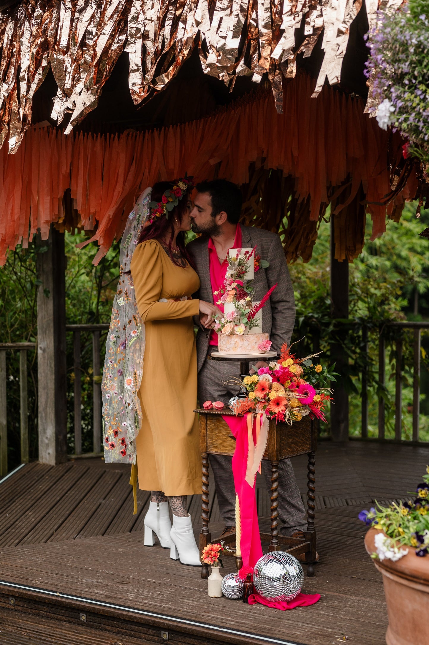 Orange Wildflower Embroidered Wedding Veil, Floral Bridal Veil
