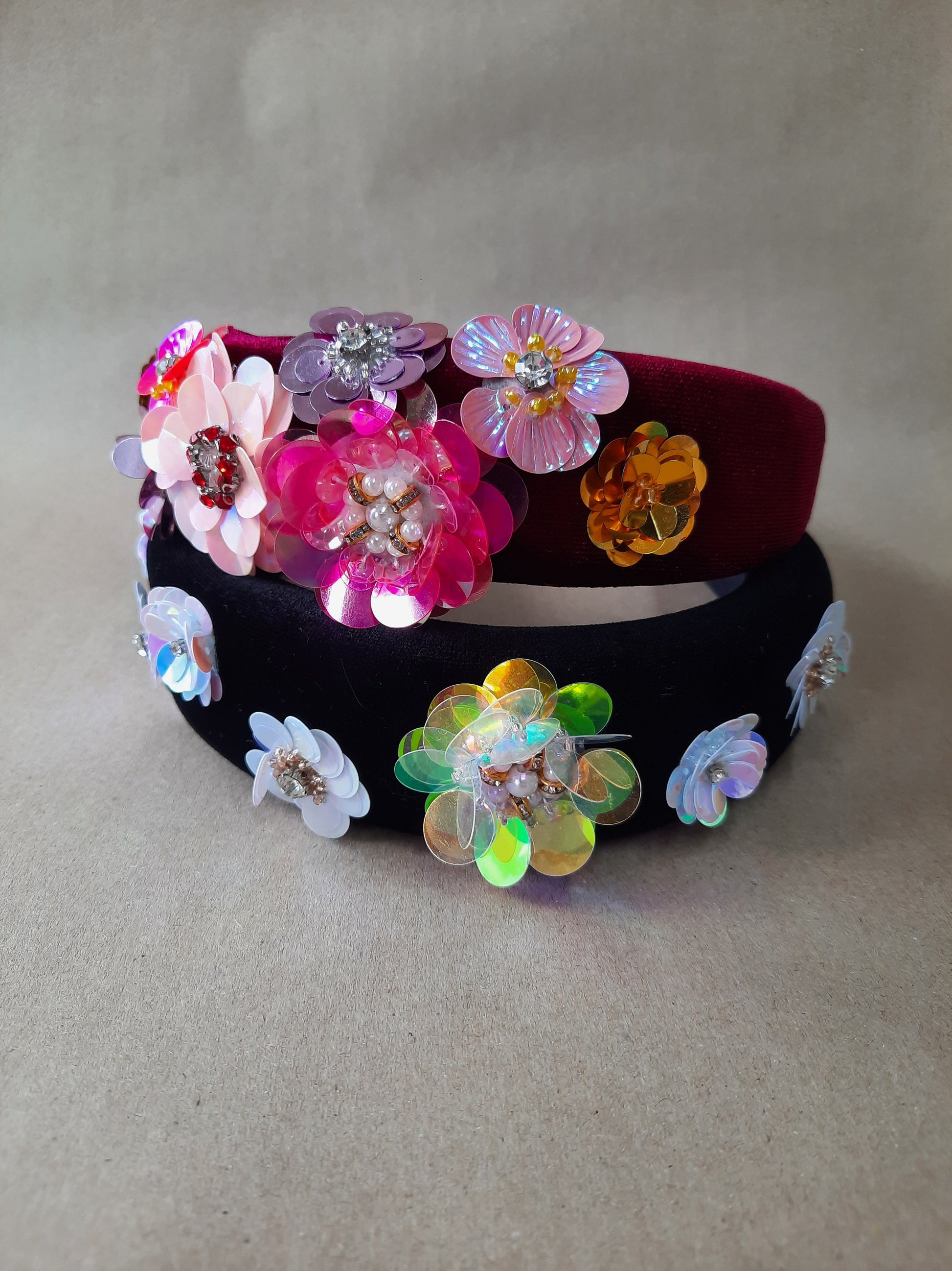 Floral Sequin Velvet Headband, Colourful Alice Band