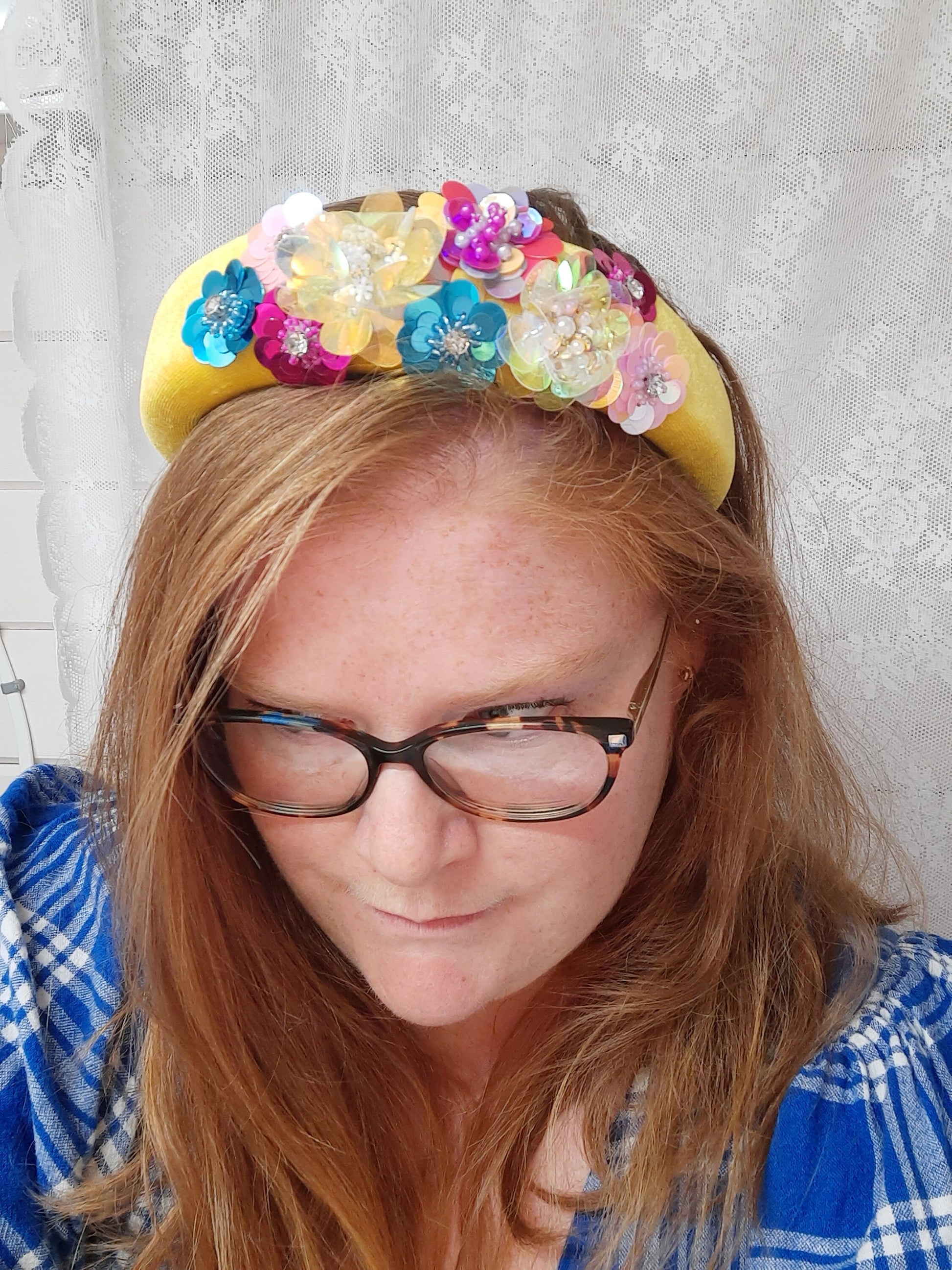 Floral Sequin Velvet Headband, Colourful Alice Band