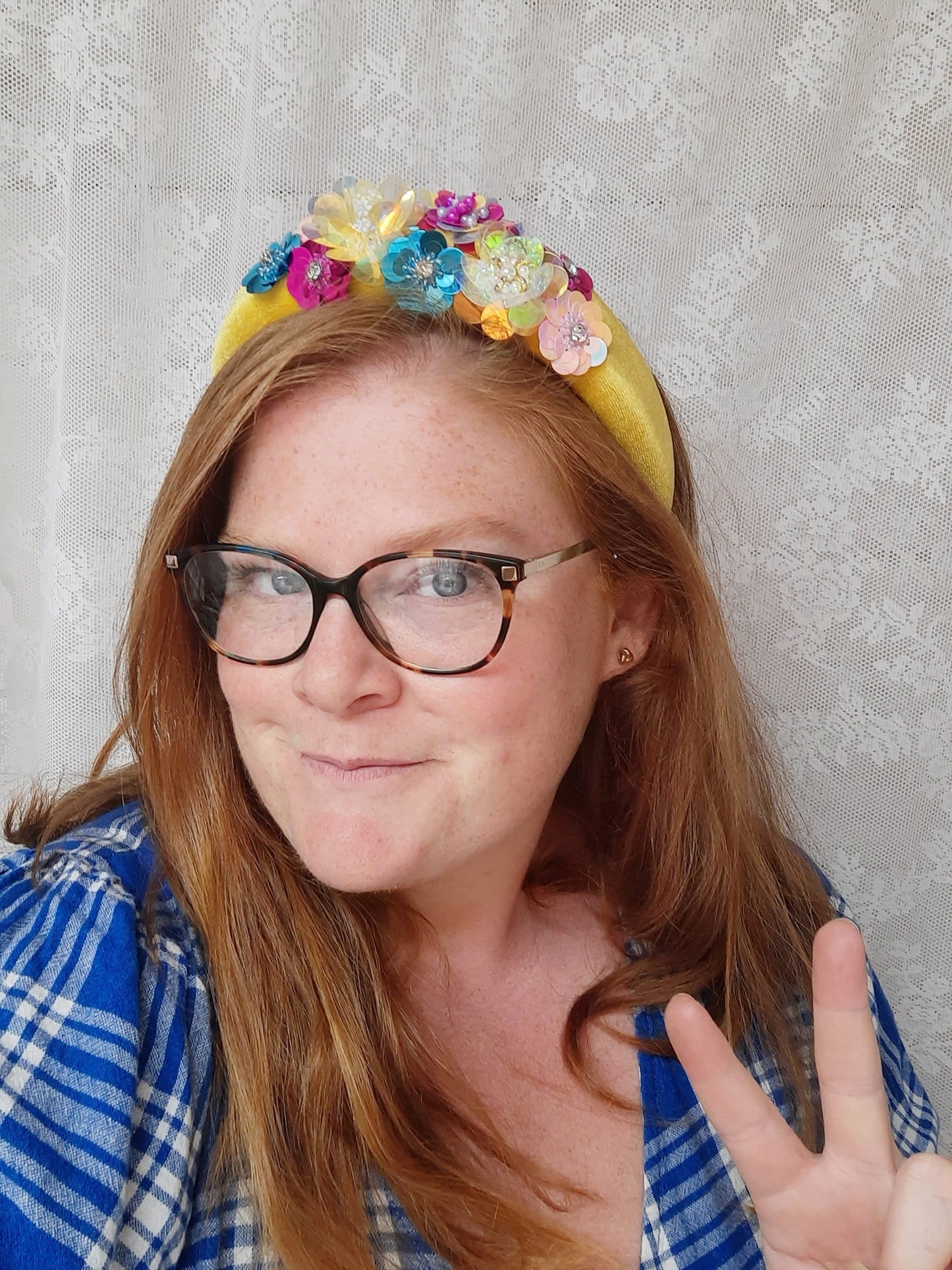 Floral Sequin Velvet Headband, Colourful Alice Band
