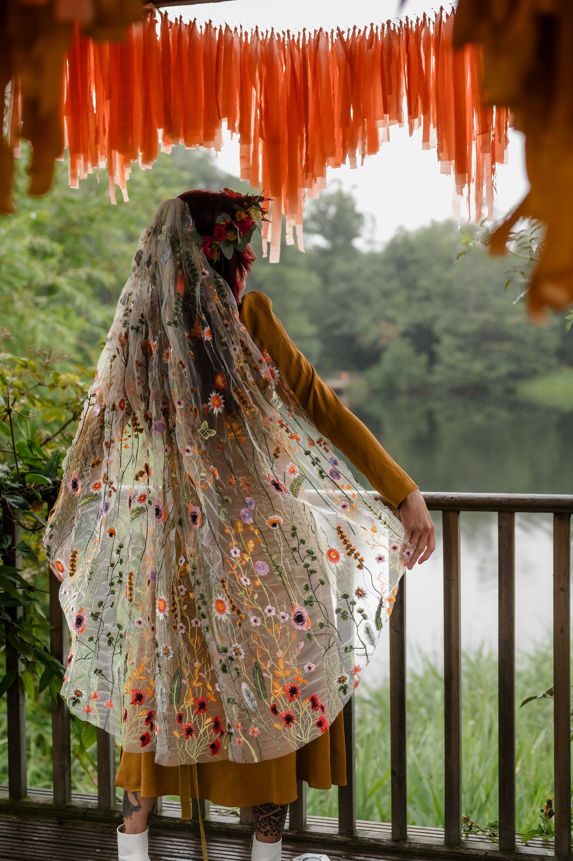 Orange Wildflower Embroidered Wedding Veil, Floral Bridal Veil