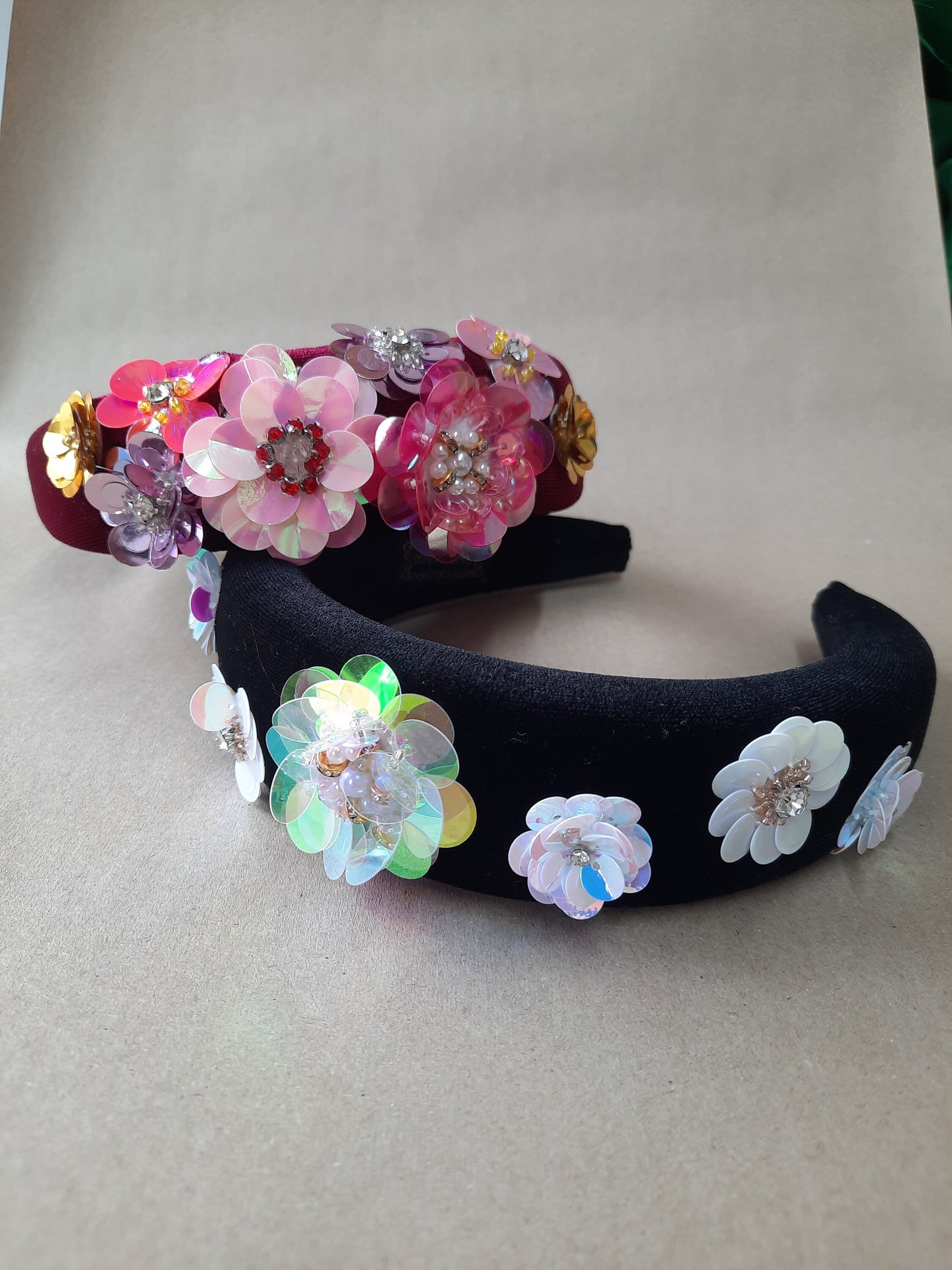 Floral Sequin Velvet Headband, Colourful Alice Band