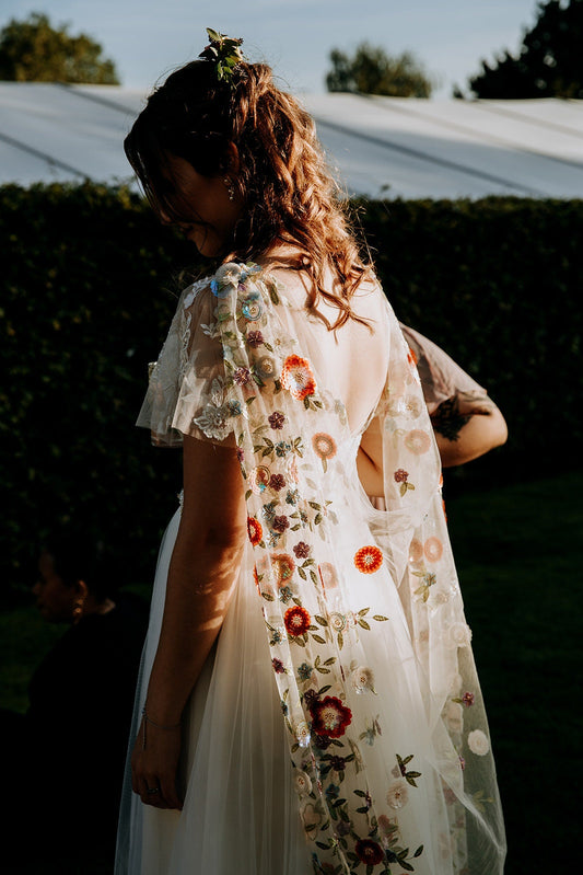 Floral Sequin Bridal Cape – Back-Reveal Woodland Wedding Cape. 'Ottilie'. Wedding cape