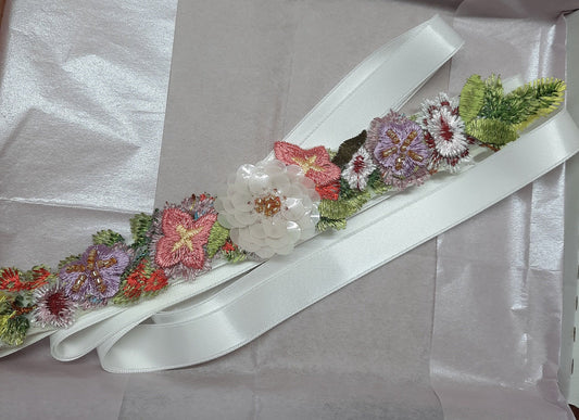 Mini Floral Embroidered Bridal Belt Sash with Ivory Ribbon