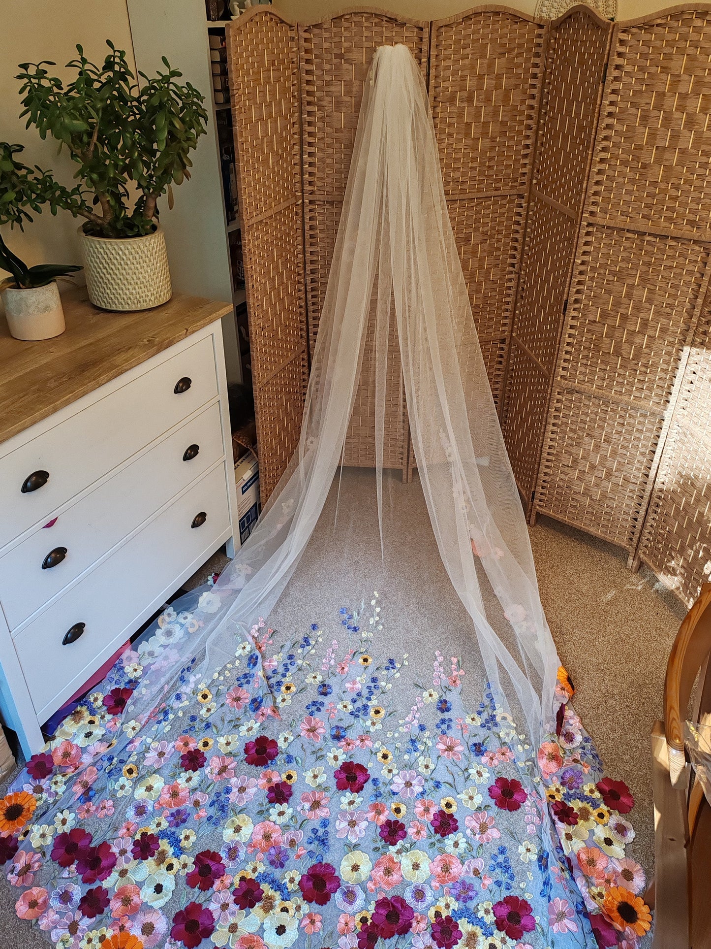 Embroidered Floral Bridal Veil, Colorful Wedding Veil