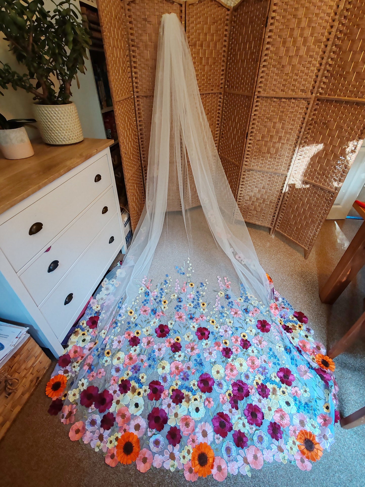 Embroidered Floral Bridal Veil, Colorful Wedding Veil