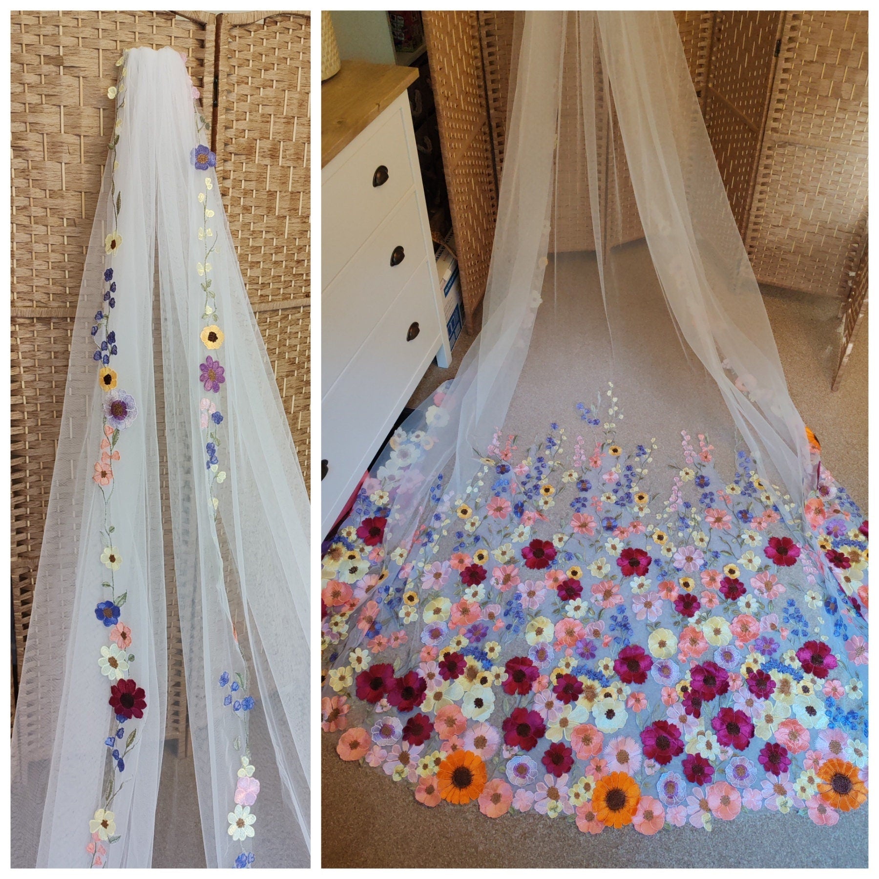Embroidered Floral Bridal Veil, Colorful Wedding Veil