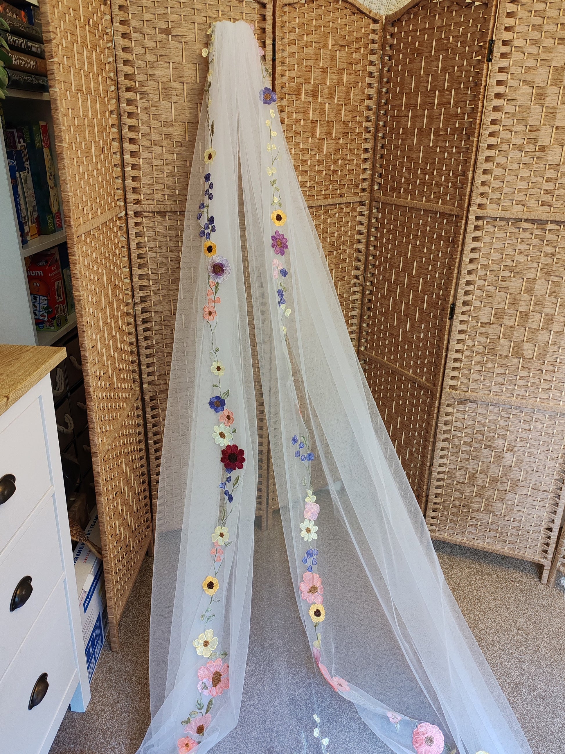 Embroidered Floral Bridal Veil, Colorful Wedding Veil