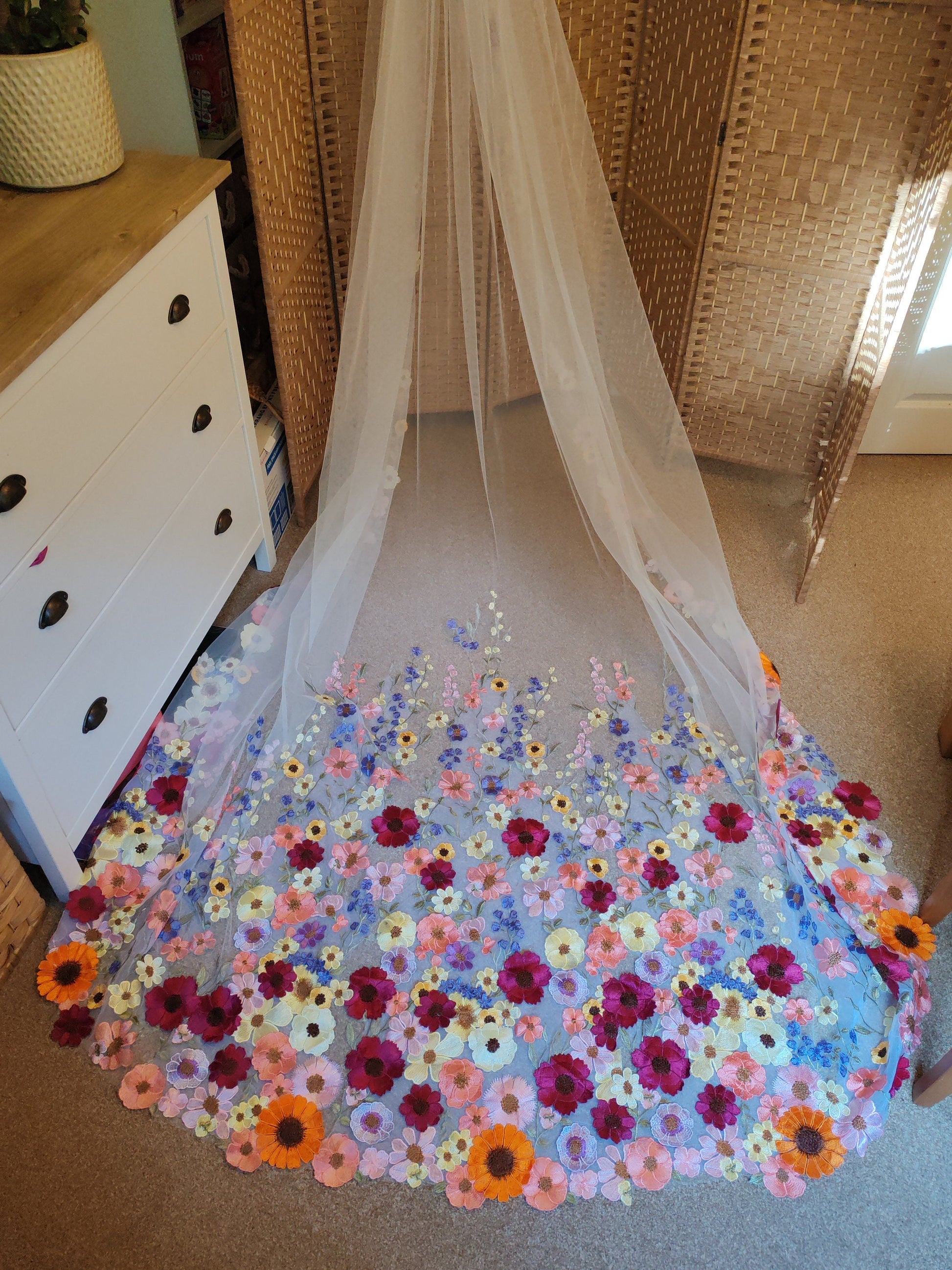 Embroidered Floral Bridal Veil, Colorful Wedding Veil