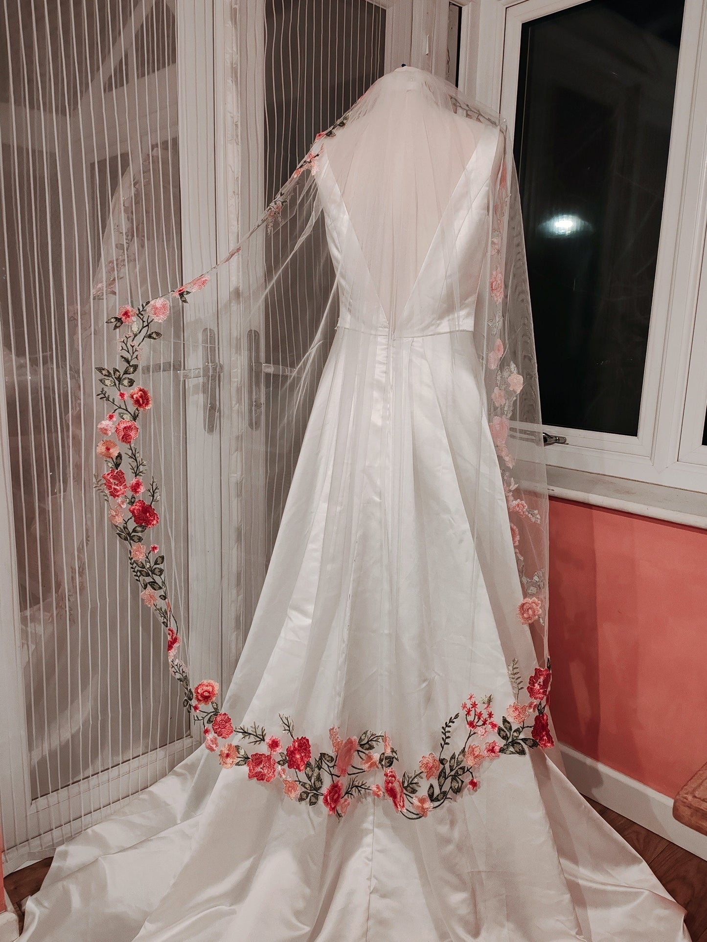 Pink Rose Embroidered Wedding Veil, Trimmed Edge Bridal Veil