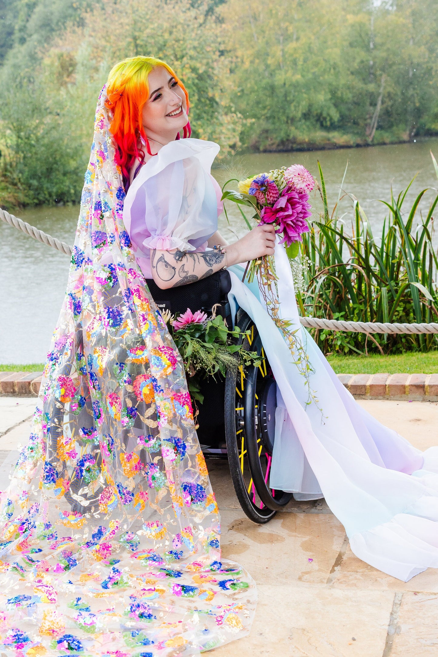 Beautiful rainbow sequin veil. Colourful alternative bridal veil. 'Xanthe'.