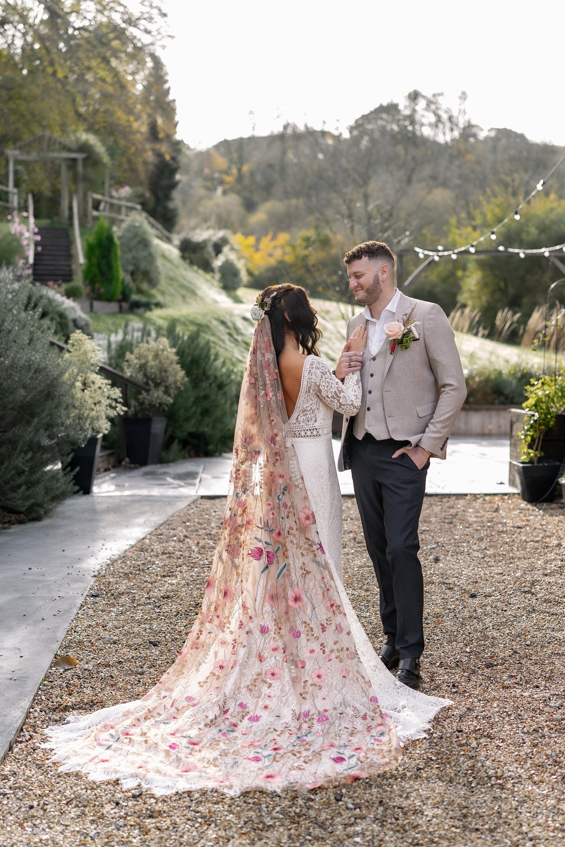 Golden Rose Embroidered Wildflower Wedding Veil – Alternative Bridal. Pink sequin floral veil.