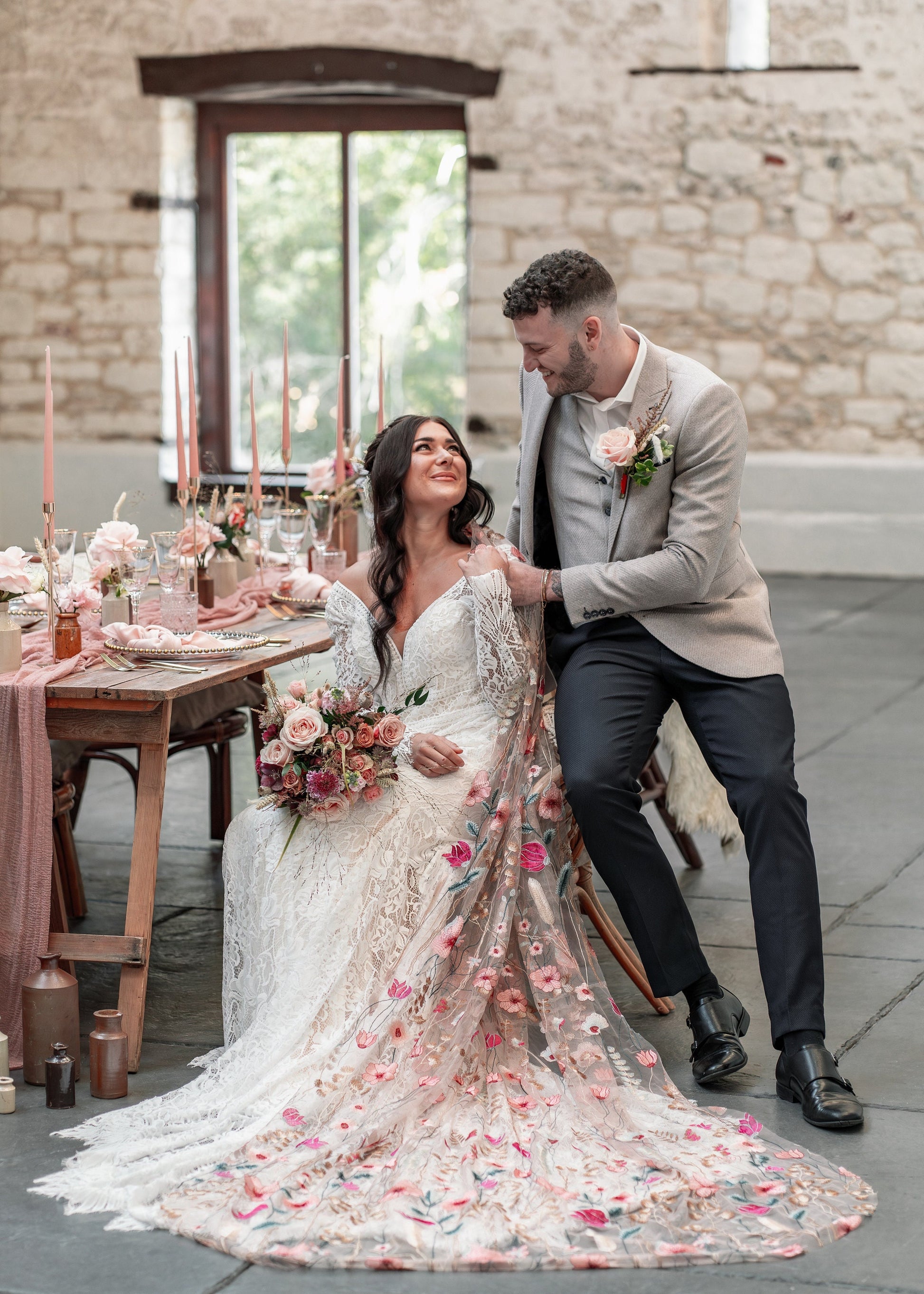 Golden Rose Embroidered Wildflower Wedding Veil – Alternative Bridal. Pink sequin floral veil.