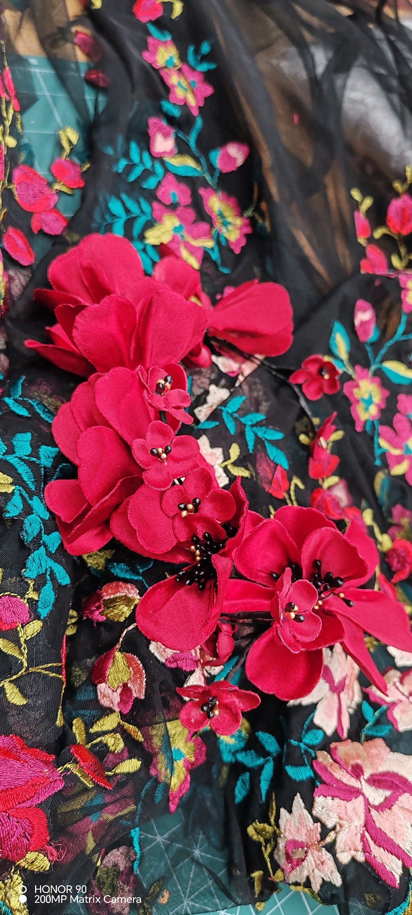 Black Floral Bridal Drop Veil - Burgundy & Red Roses