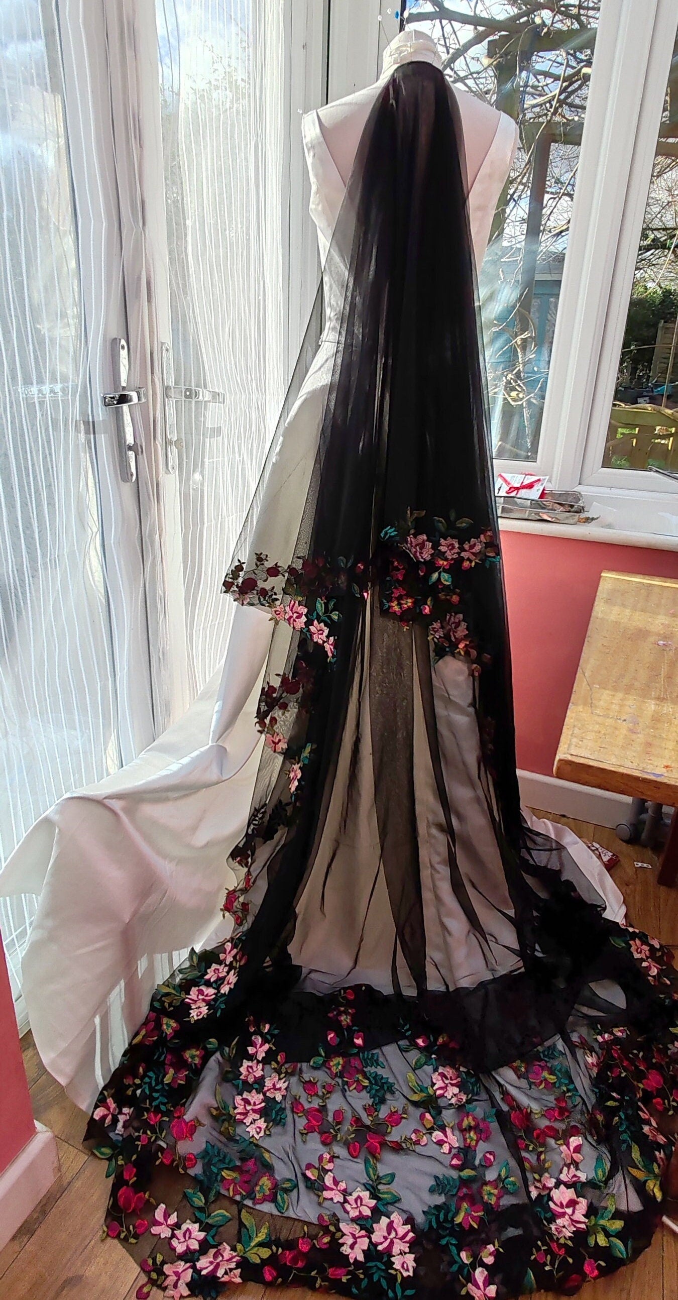 Black Floral Bridal Drop Veil - Burgundy & Red Roses