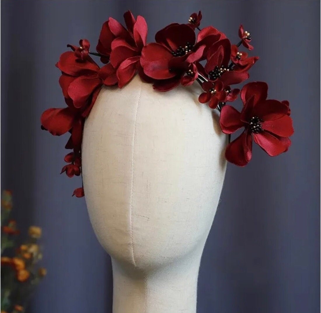 Black Floral Bridal Drop Veil - Burgundy & Red Roses