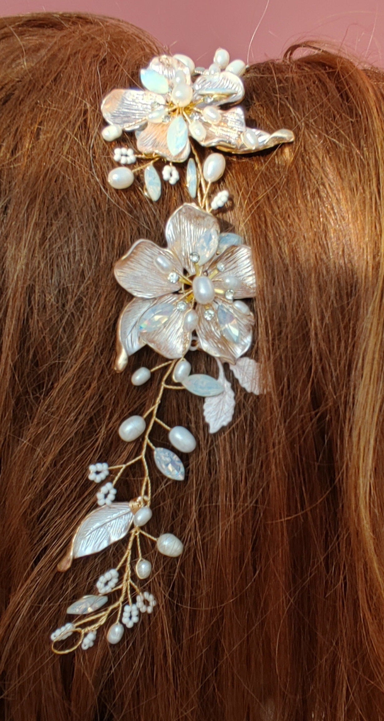 Wild Rose Flower Crown, Pearl Bridal Hair Comb, Rose Gold Wire