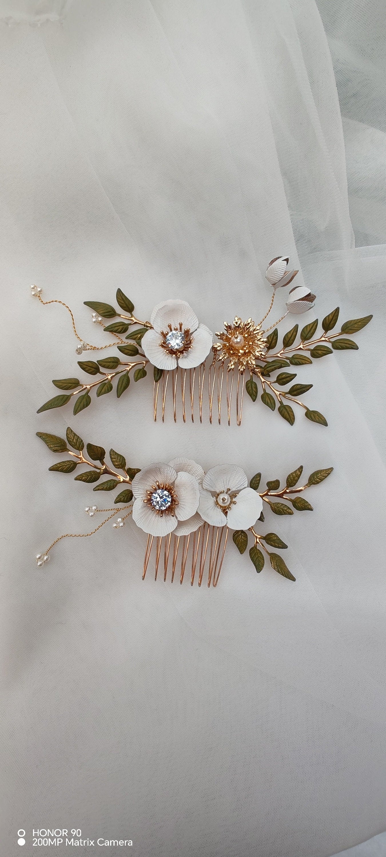 Rose Gold Floral Bridal Hair Comb, Pearl & Enamel Flowers