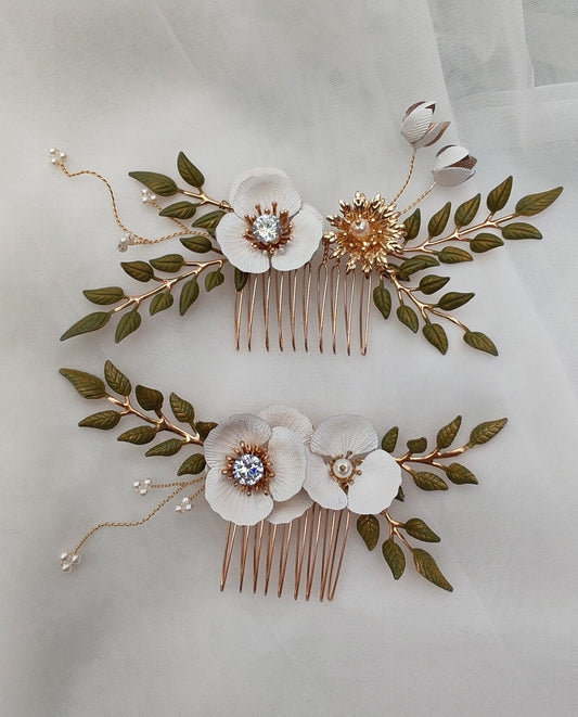 Rose Gold Floral Bridal Hair Comb, Pearl & Enamel Flowers