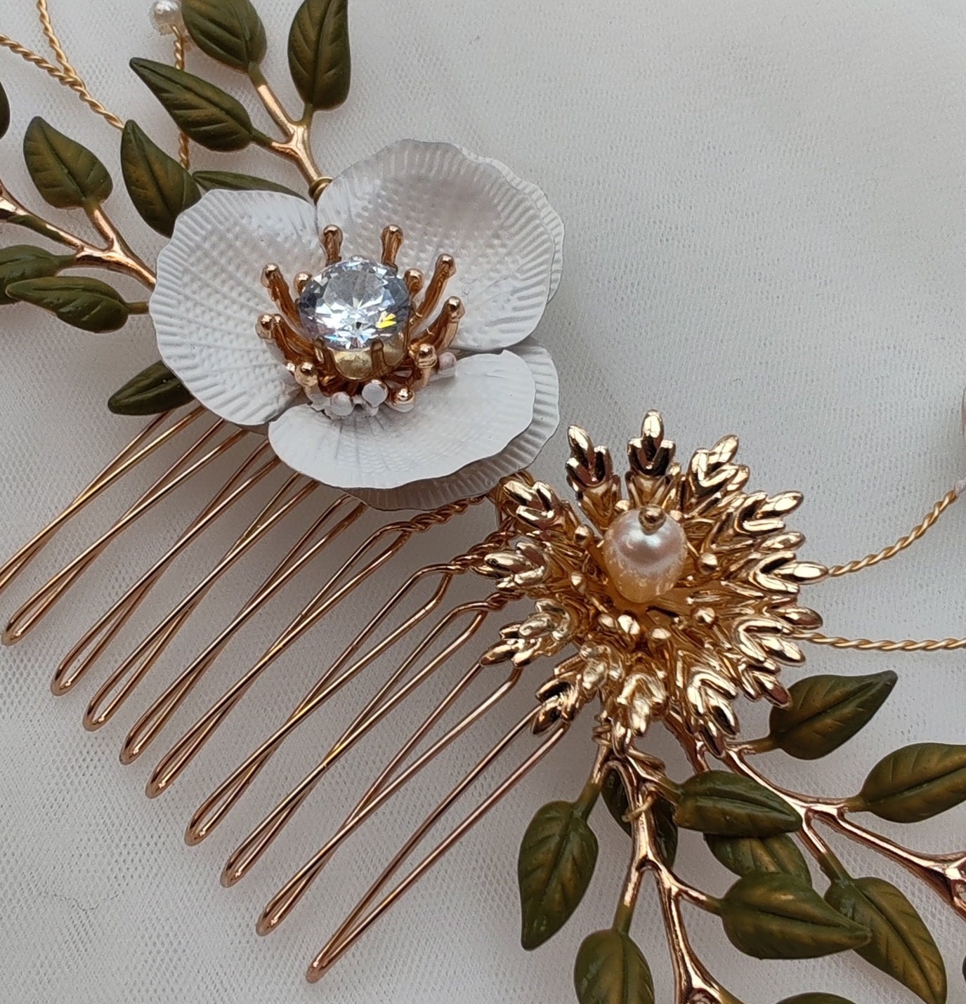 Rose Gold Floral Bridal Hair Comb, Pearl & Enamel Flowers