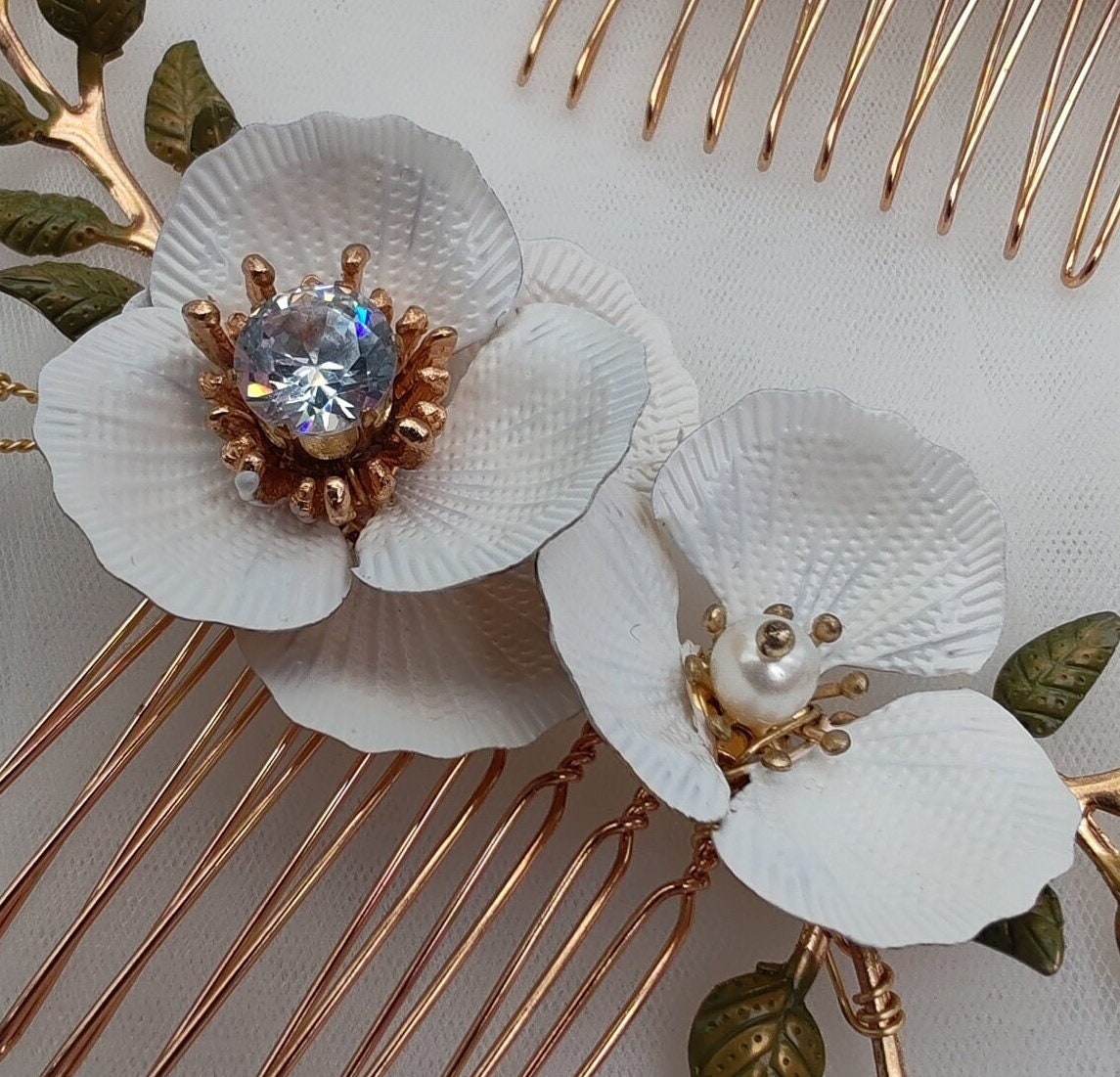 Rose Gold Floral Bridal Hair Comb, Pearl & Enamel Flowers