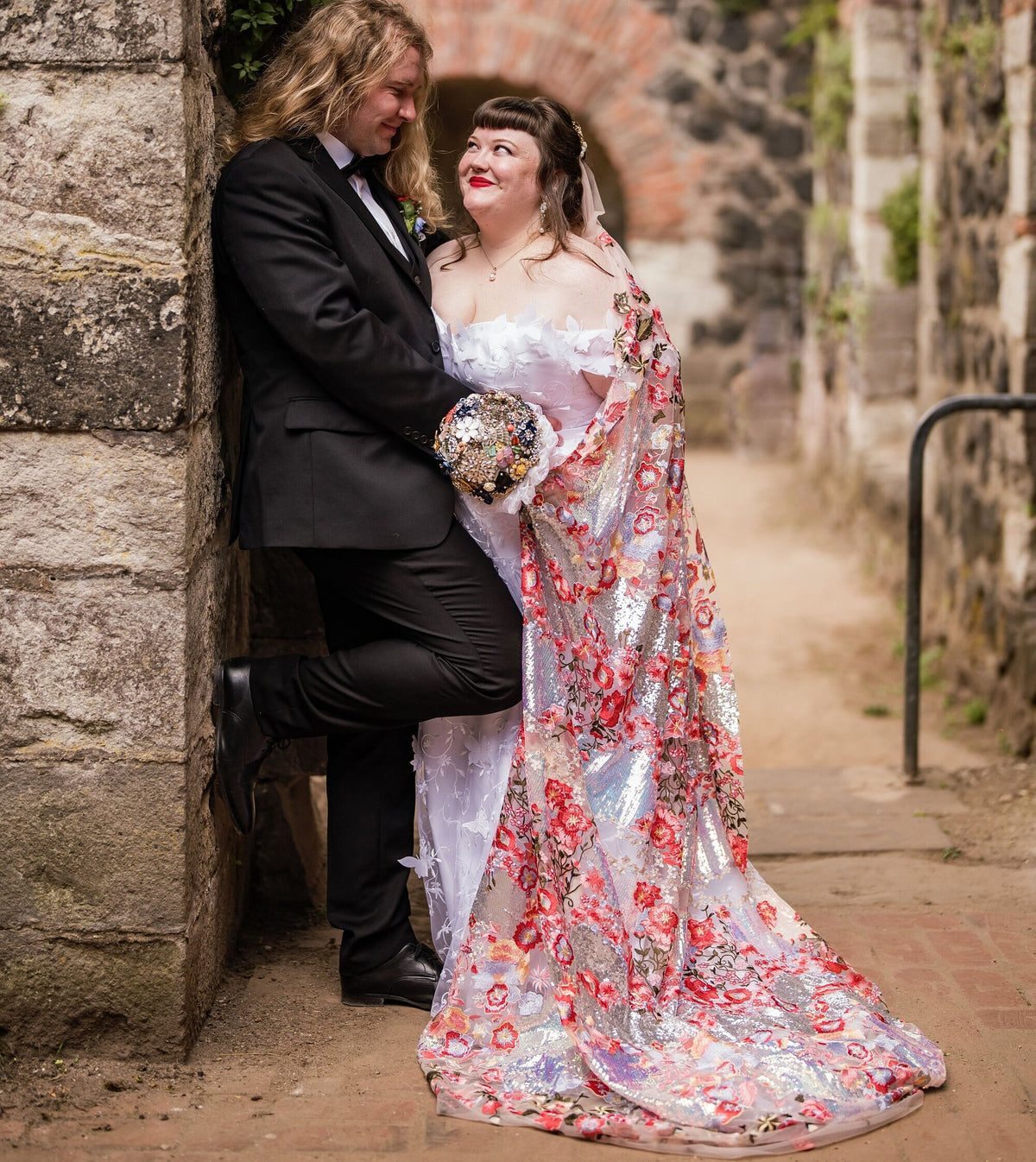 Pink floral sequin veil. Colourful alternative bridal veil. Valentina.