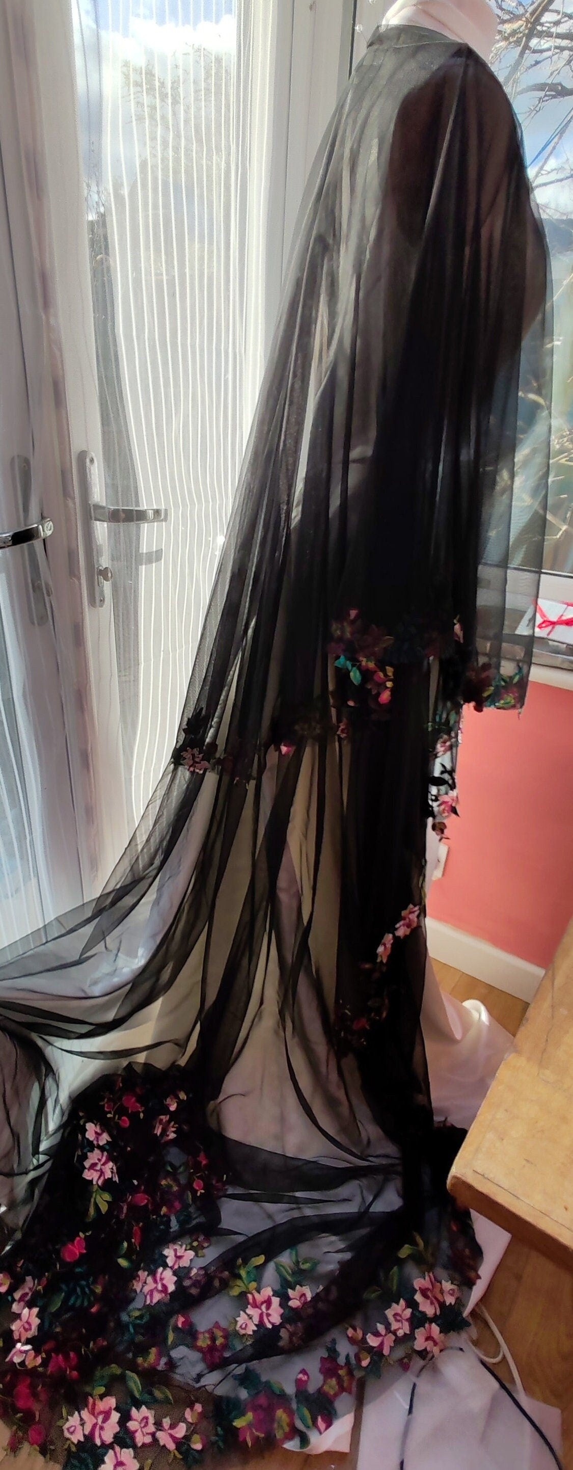 Black Floral Bridal Drop Veil - Burgundy & Red Roses