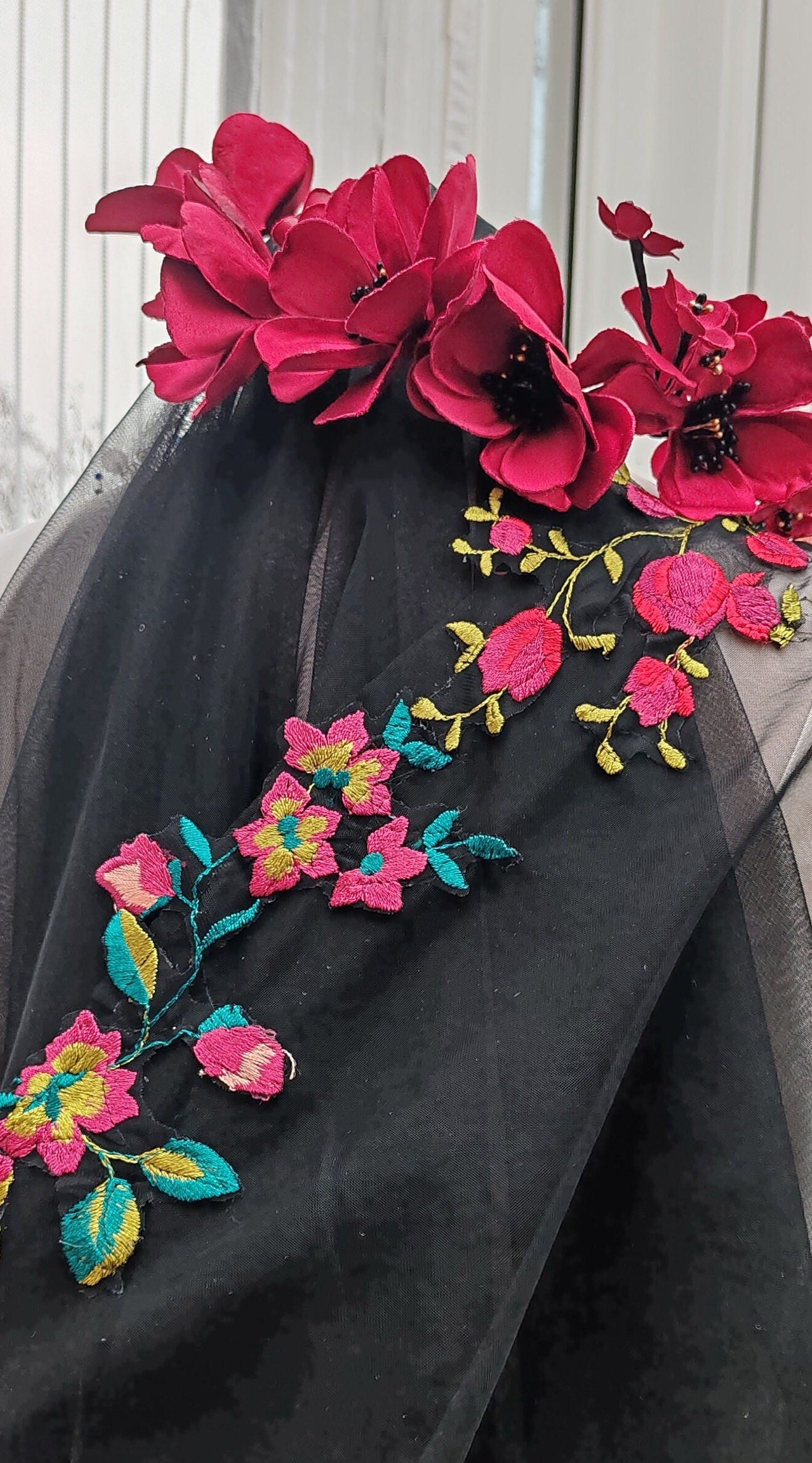 Black Floral Bridal Drop Veil - Burgundy & Red Roses