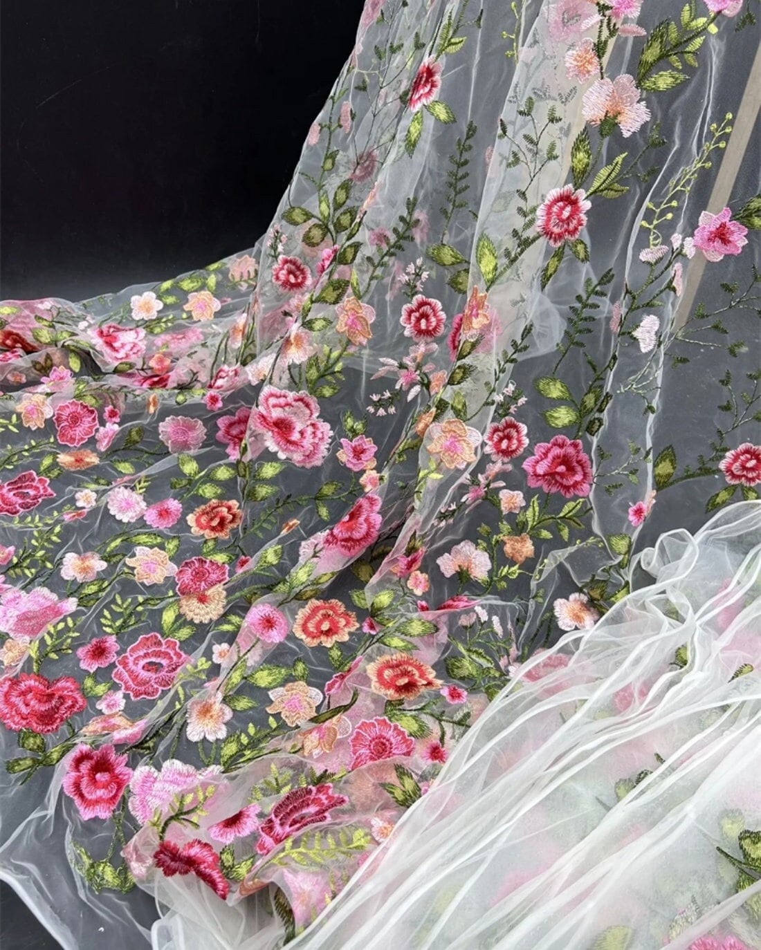 Embroidered Pink Rose Wedding Veil, Floral Bridal Cape __etsy:5866801502