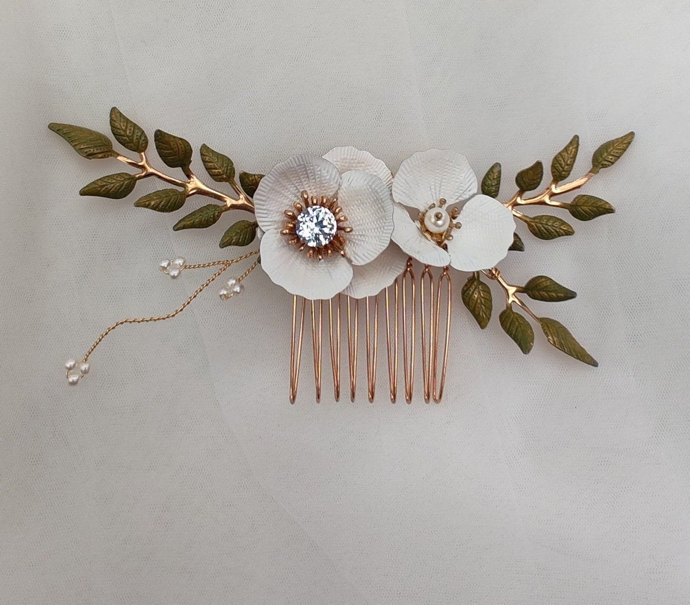 Rose Gold Floral Bridal Hair Comb, Pearl & Enamel Flowers