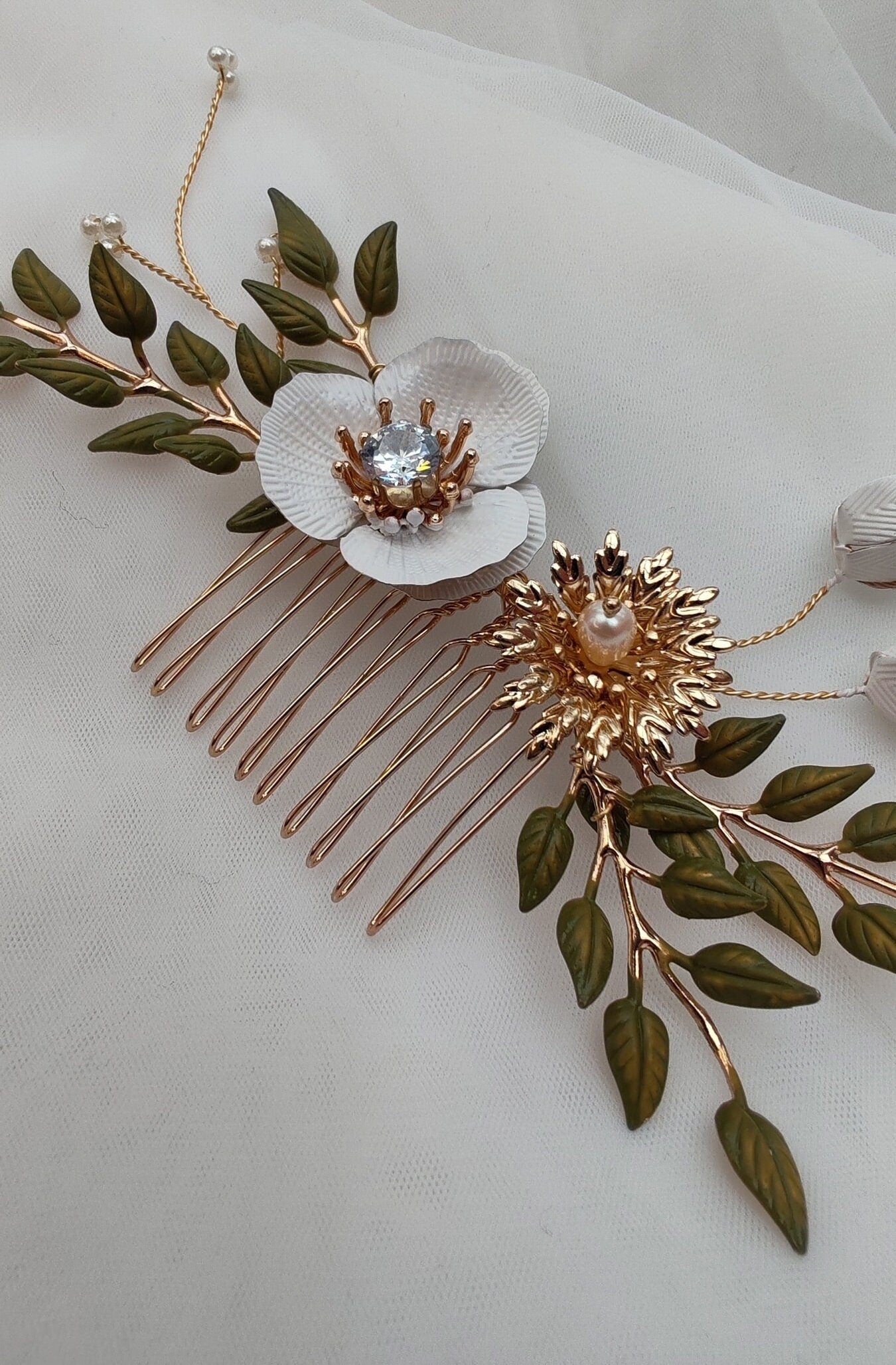 Rose Gold Floral Bridal Hair Comb, Pearl & Enamel Flowers