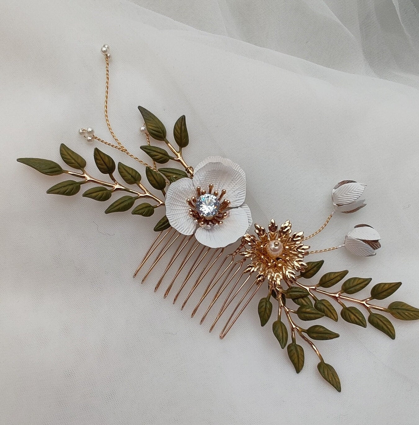 Rose Gold Floral Bridal Hair Comb, Pearl & Enamel Flowers