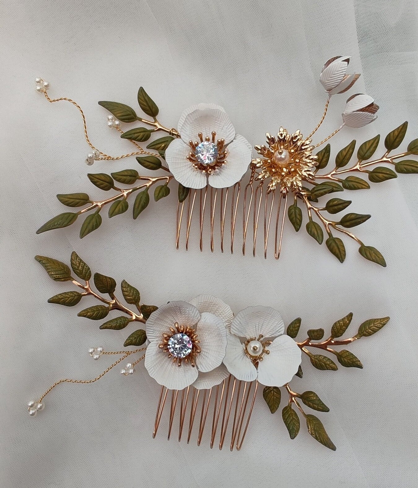 Rose Gold Floral Bridal Hair Comb, Pearl & Enamel Flowers