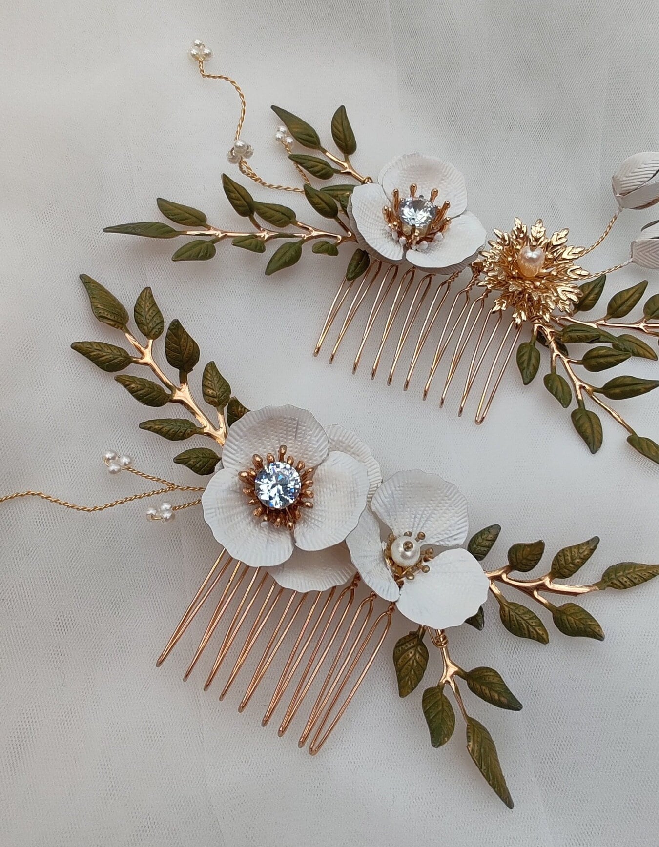 Rose Gold Floral Bridal Hair Comb, Pearl & Enamel Flowers