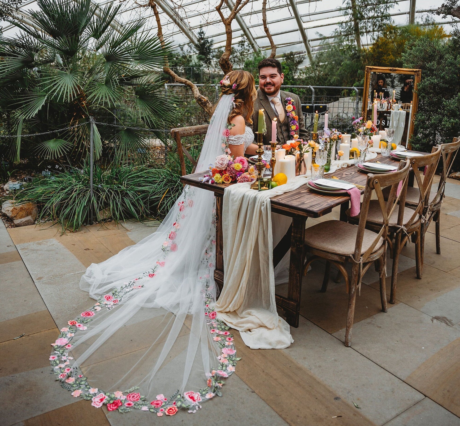 Pink Rose Embroidered Wedding Veil, Trimmed Edge Bridal Veil