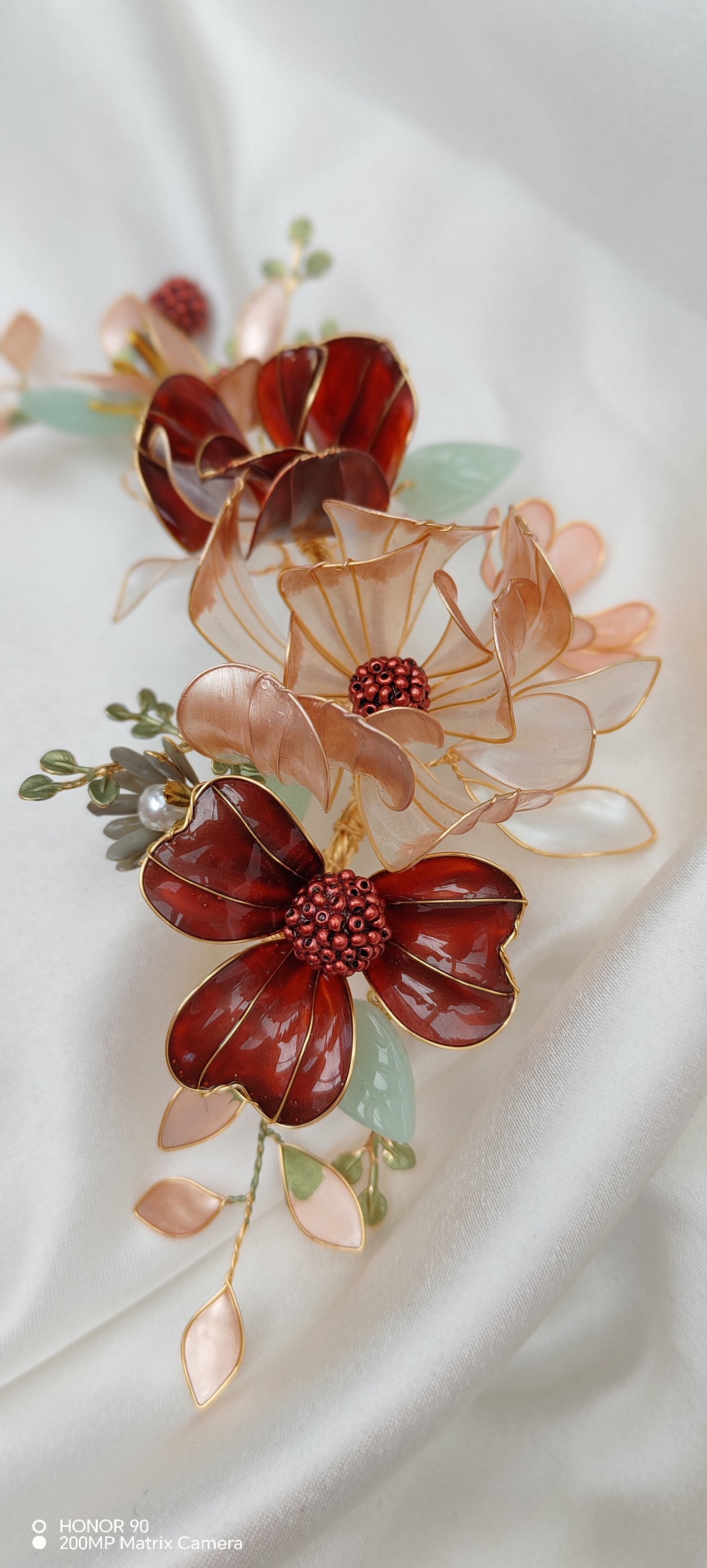 Burgundy Flower Wedding Hair Vine – Iridescent Autumn Bridal Crown