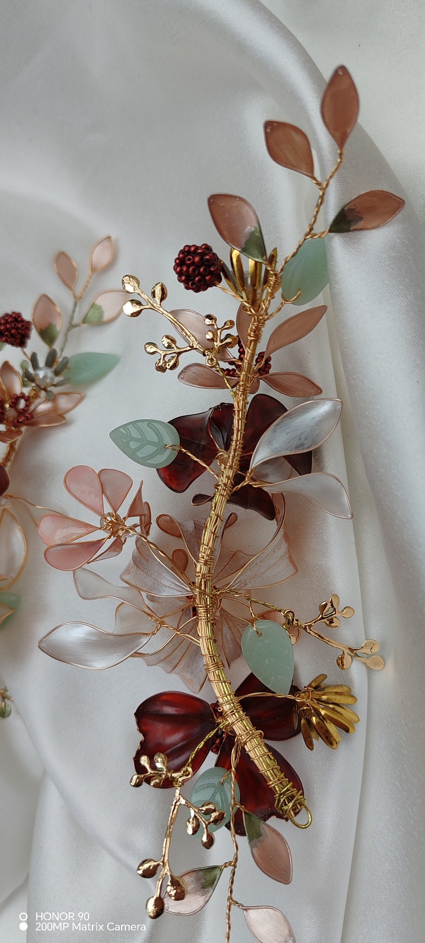Burgundy Flower Wedding Hair Vine – Iridescent Autumn Bridal Crown