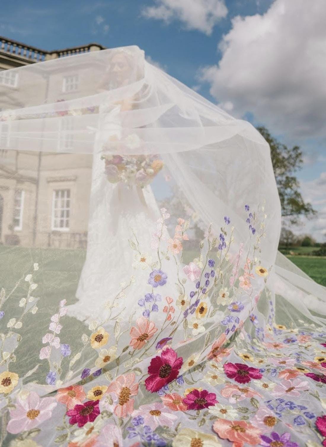 Embroidered Floral Bridal Veil, Colorful Wedding Veil
